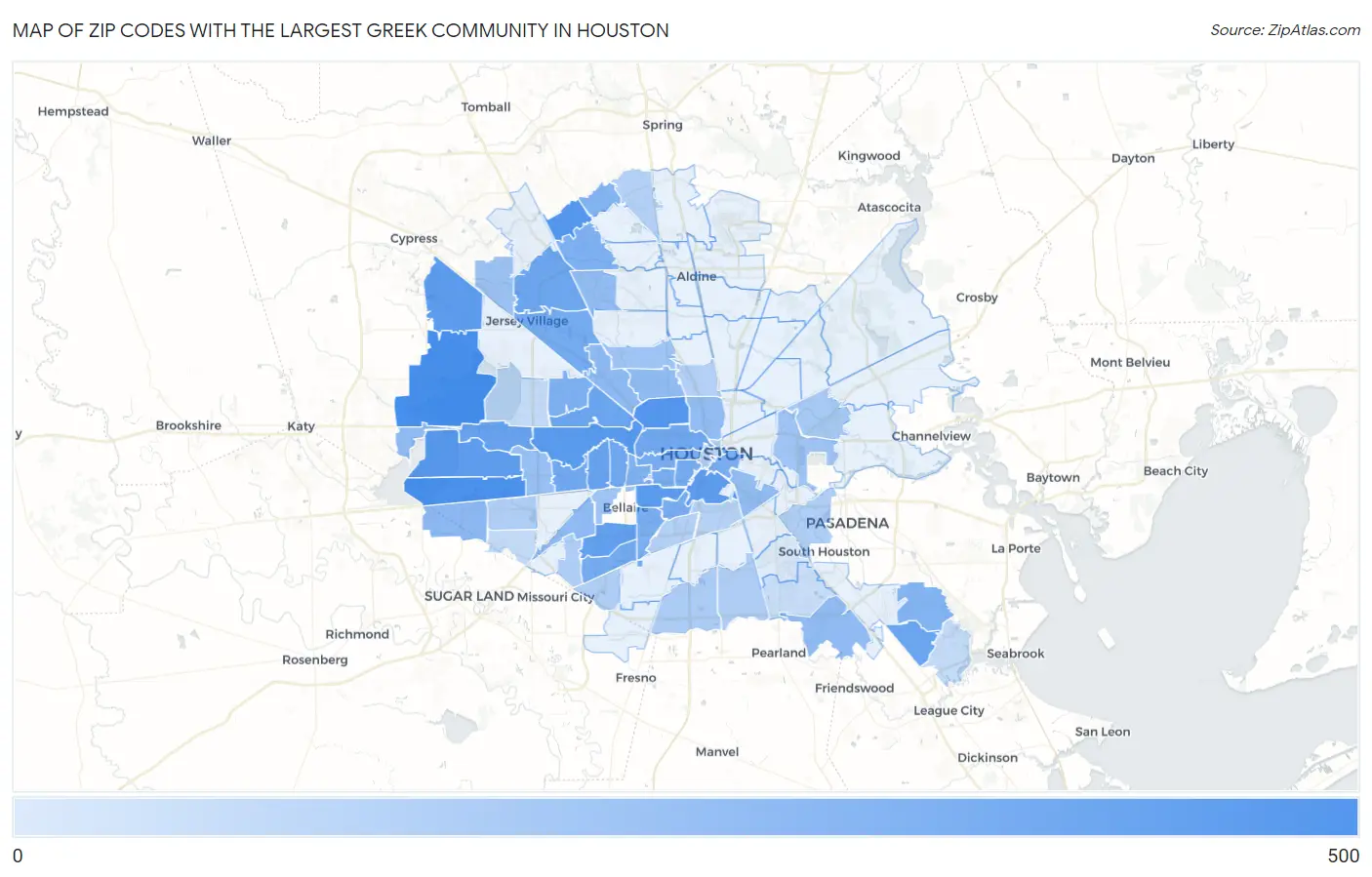 Zip Codes with the Largest Greek Community in Houston Map