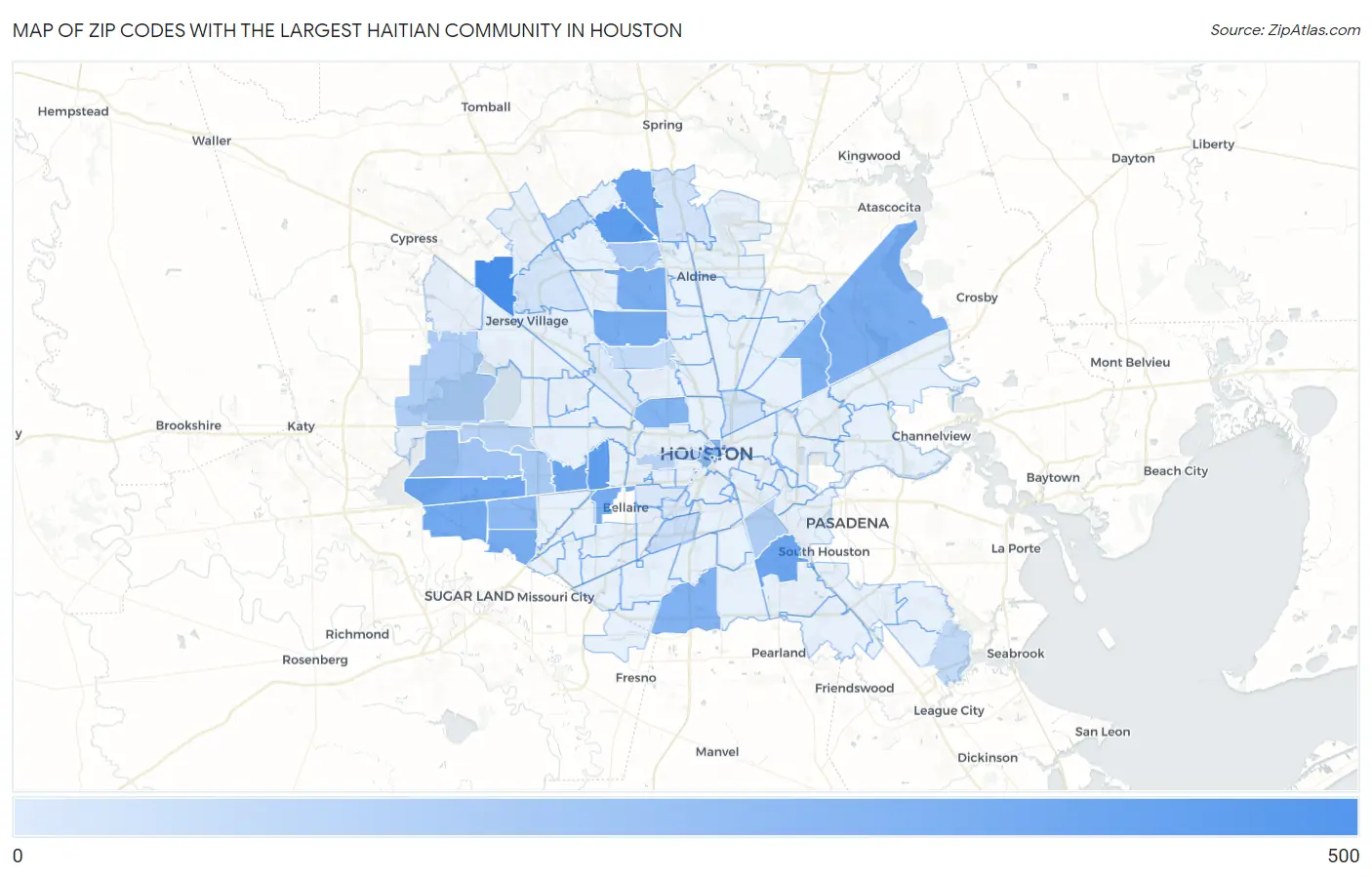 Zip Codes with the Largest Haitian Community in Houston Map