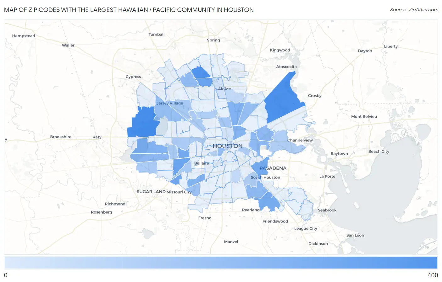Zip Codes with the Largest Hawaiian / Pacific Community in Houston Map