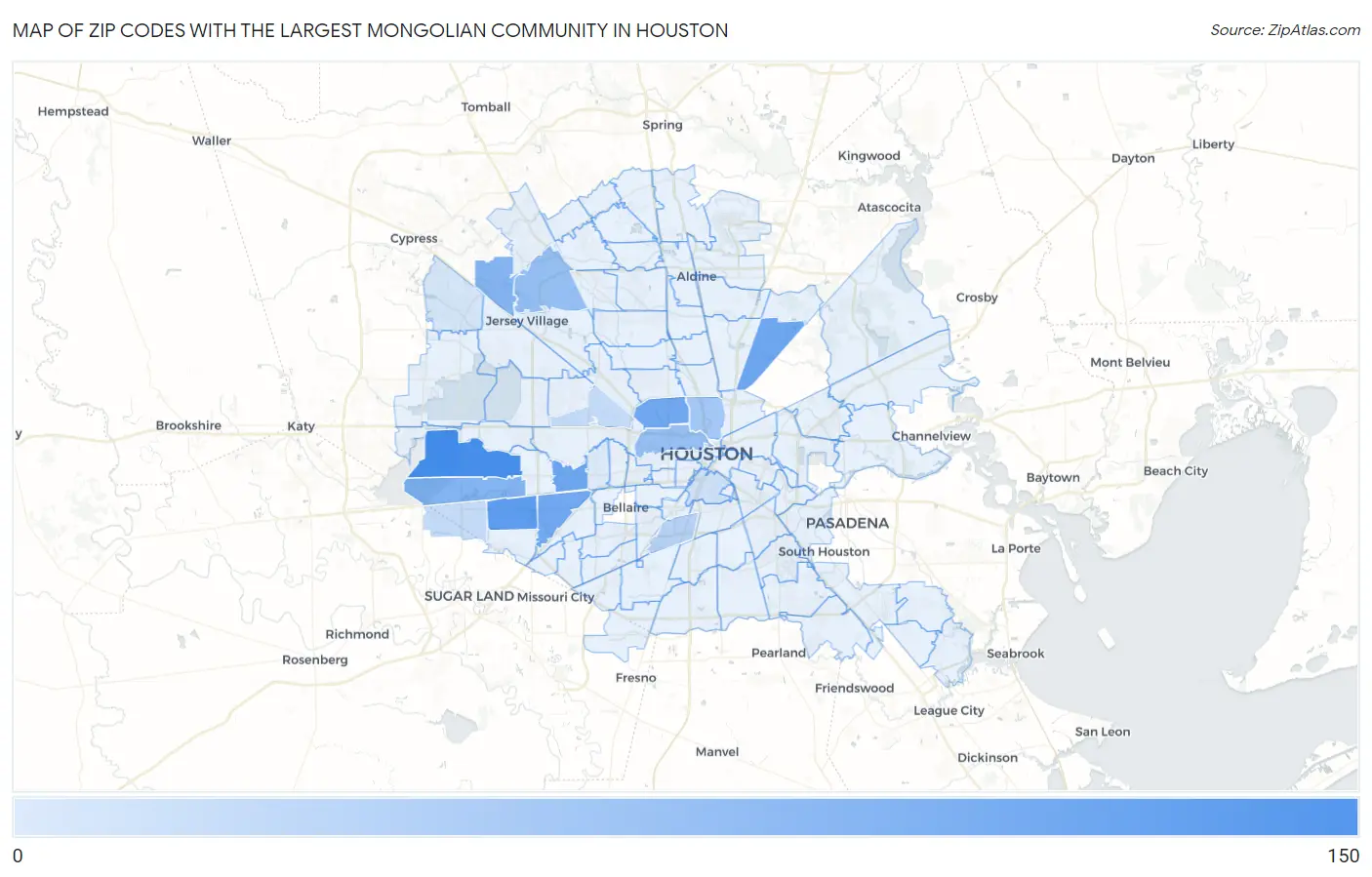 Zip Codes with the Largest Mongolian Community in Houston Map