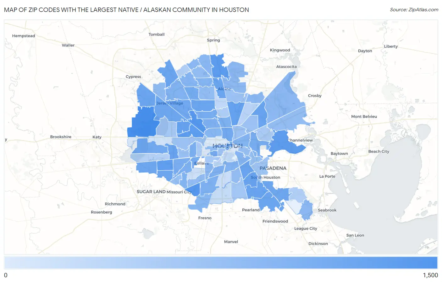 Zip Codes with the Largest Native / Alaskan Community in Houston Map