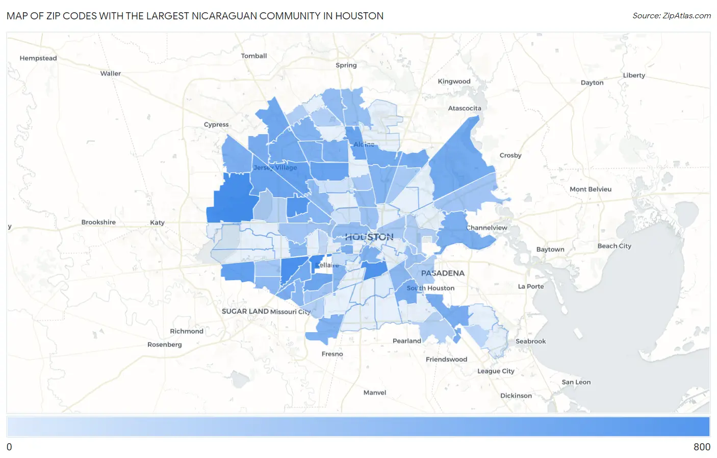 Zip Codes with the Largest Nicaraguan Community in Houston Map