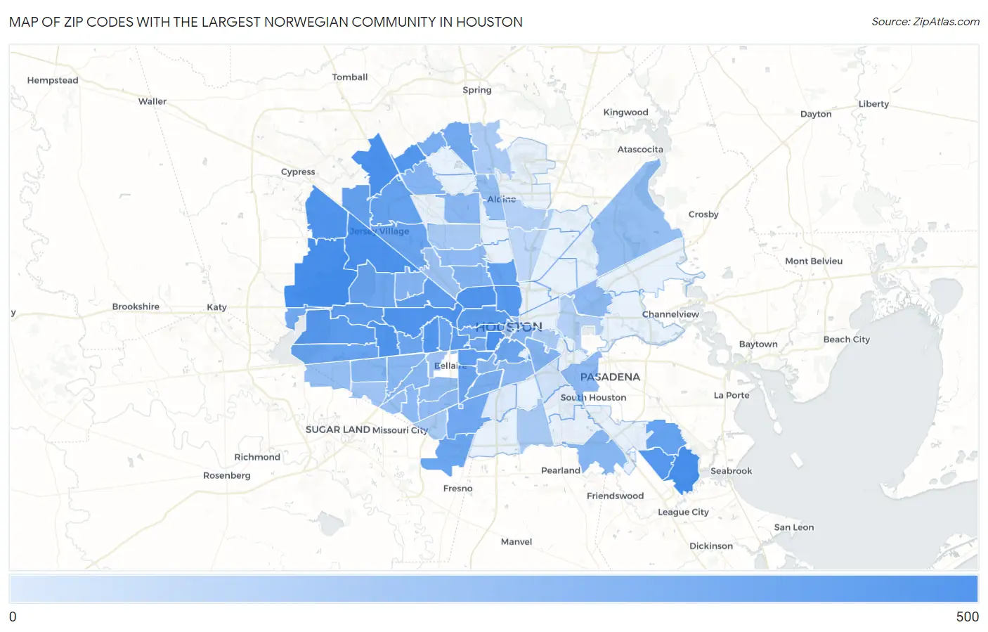 Zip Codes with the Largest Norwegian Community in Houston Map