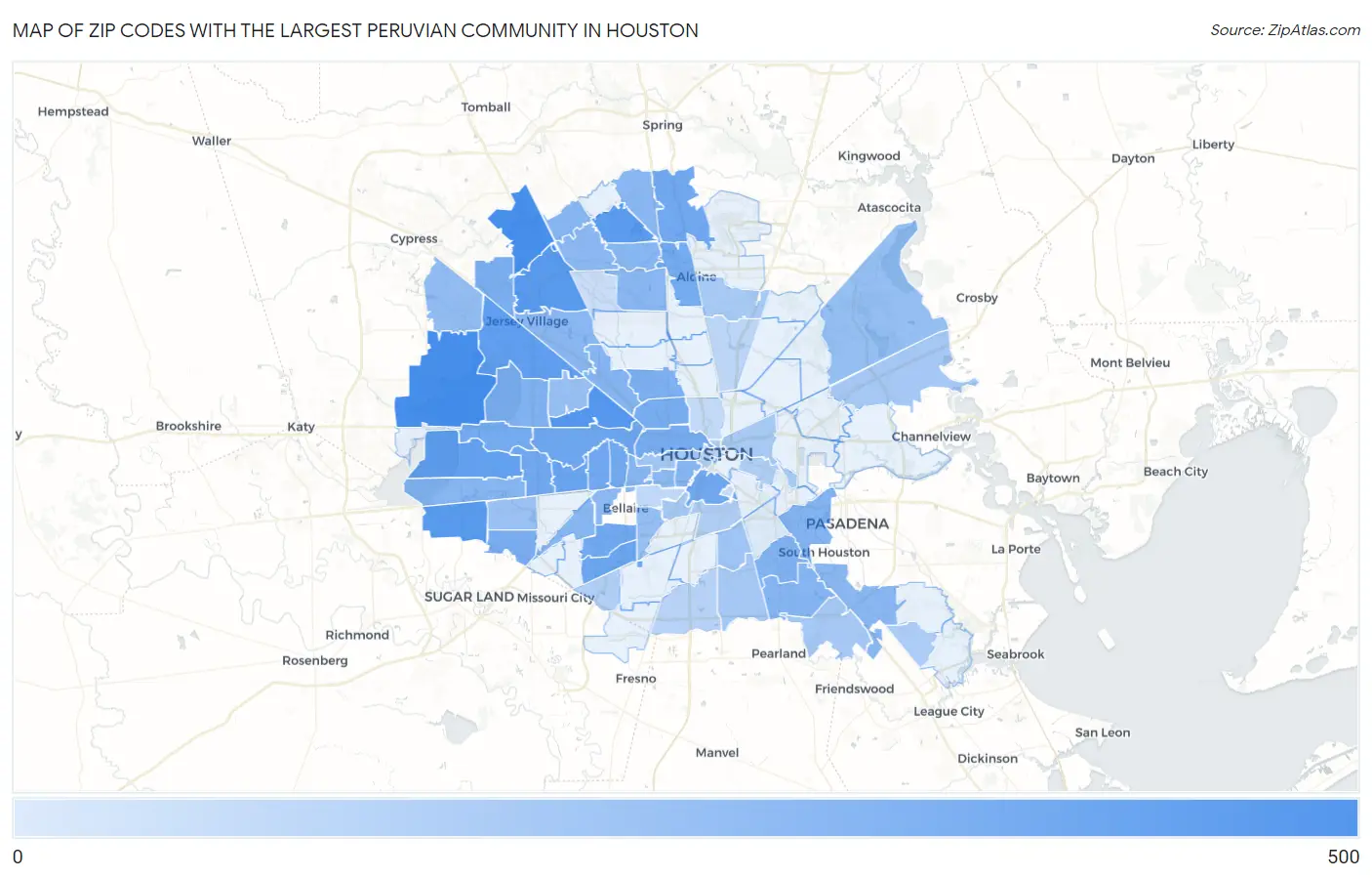 Zip Codes with the Largest Peruvian Community in Houston Map