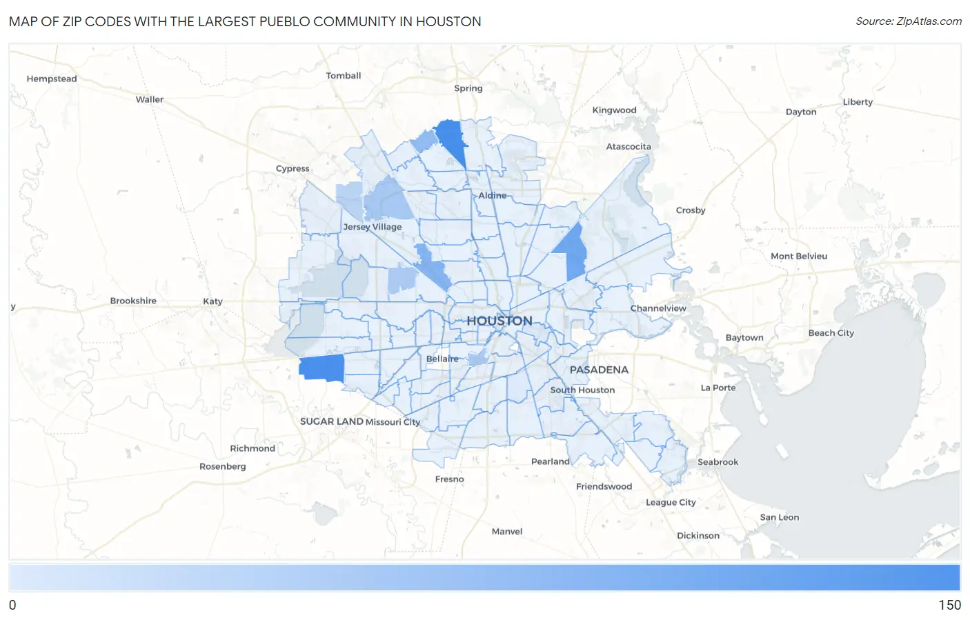 Zip Codes with the Largest Pueblo Community in Houston Map
