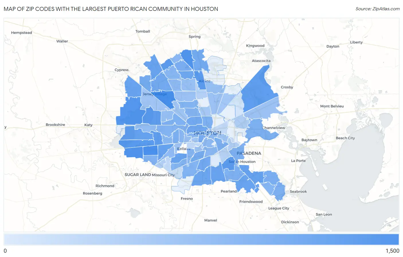 Zip Codes with the Largest Puerto Rican Community in Houston Map