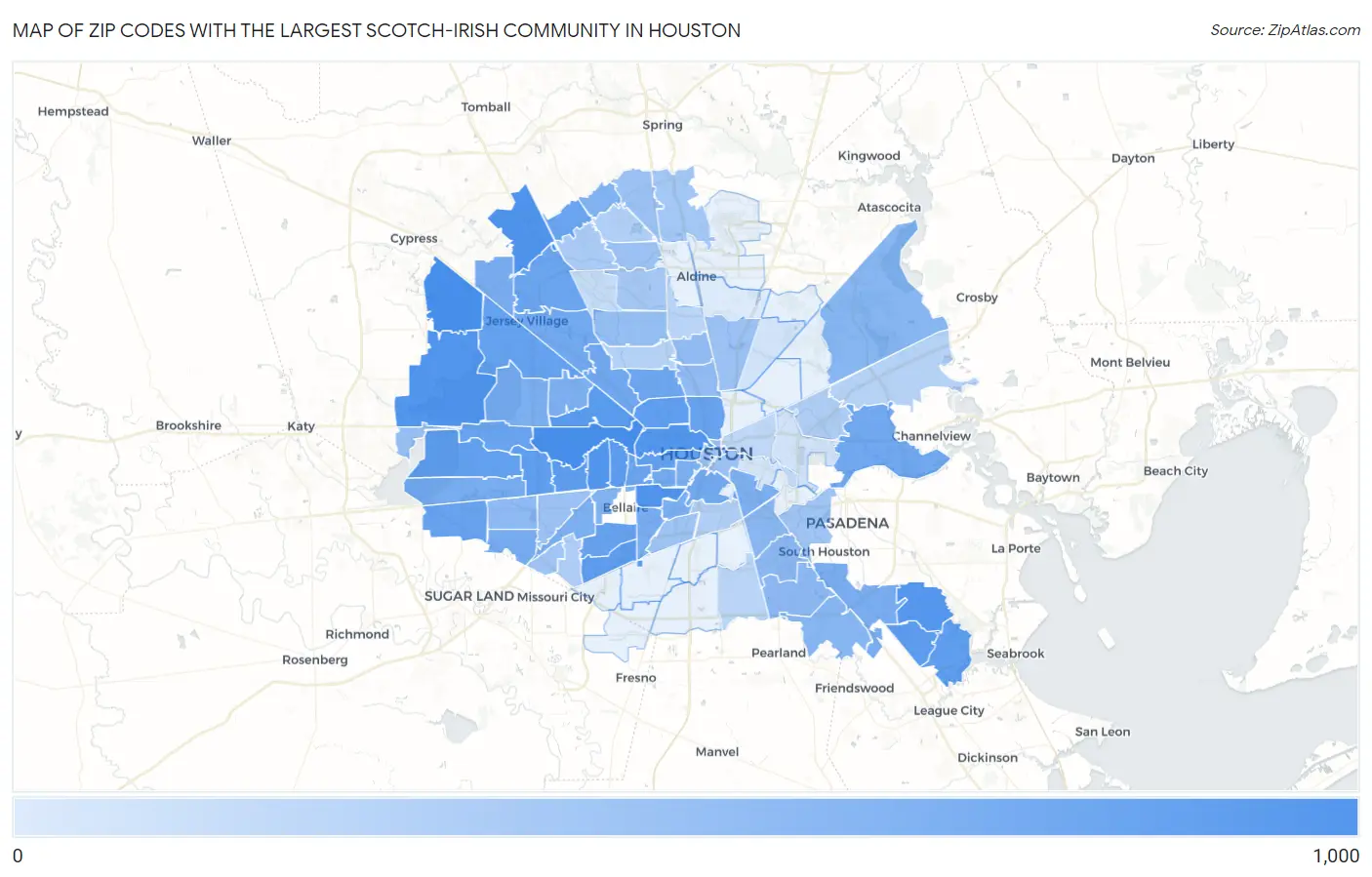 Zip Codes with the Largest Scotch-Irish Community in Houston Map