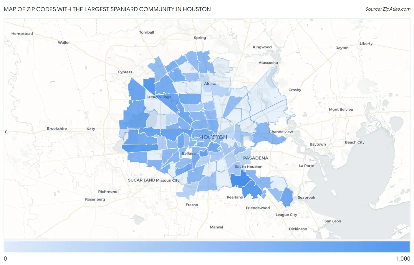 Zip Codes with the Largest Spaniard Community in Houston Map