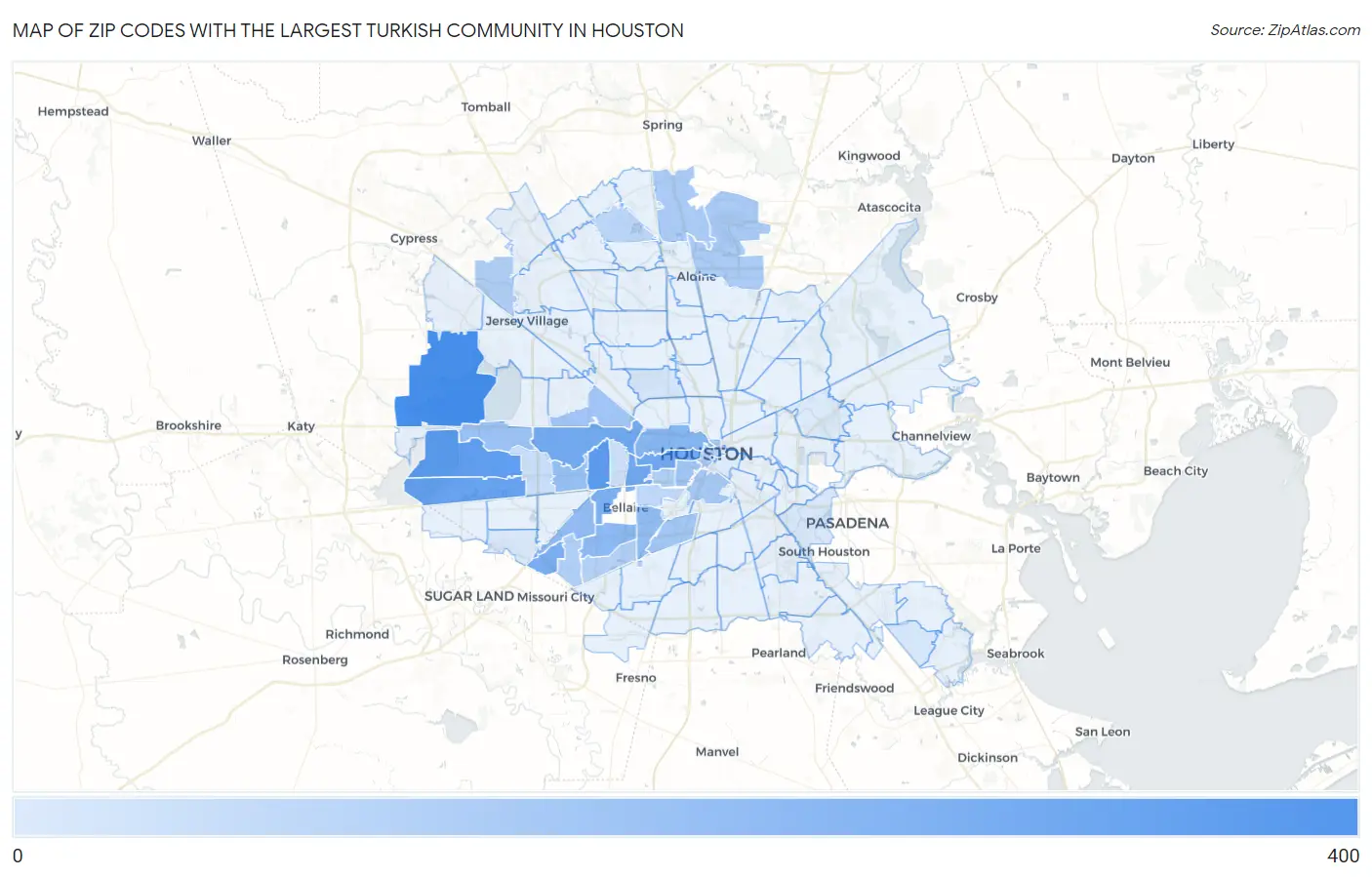 Zip Codes with the Largest Turkish Community in Houston Map