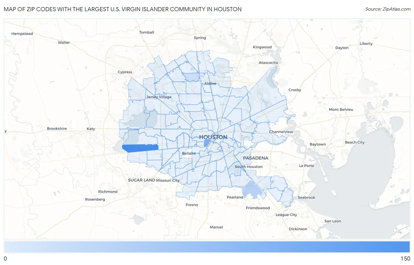Zip Codes with the Largest U.S. Virgin Islander Community in Houston Map