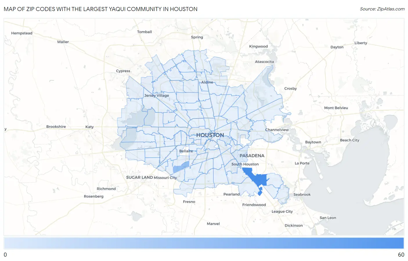 Zip Codes with the Largest Yaqui Community in Houston Map