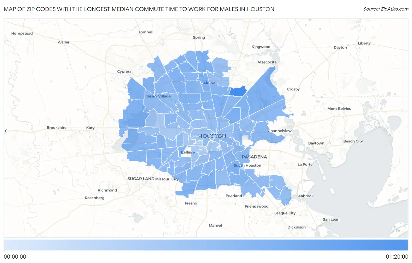 Zip Codes with the Longest Median Commute Time to Work for Males in Houston Map