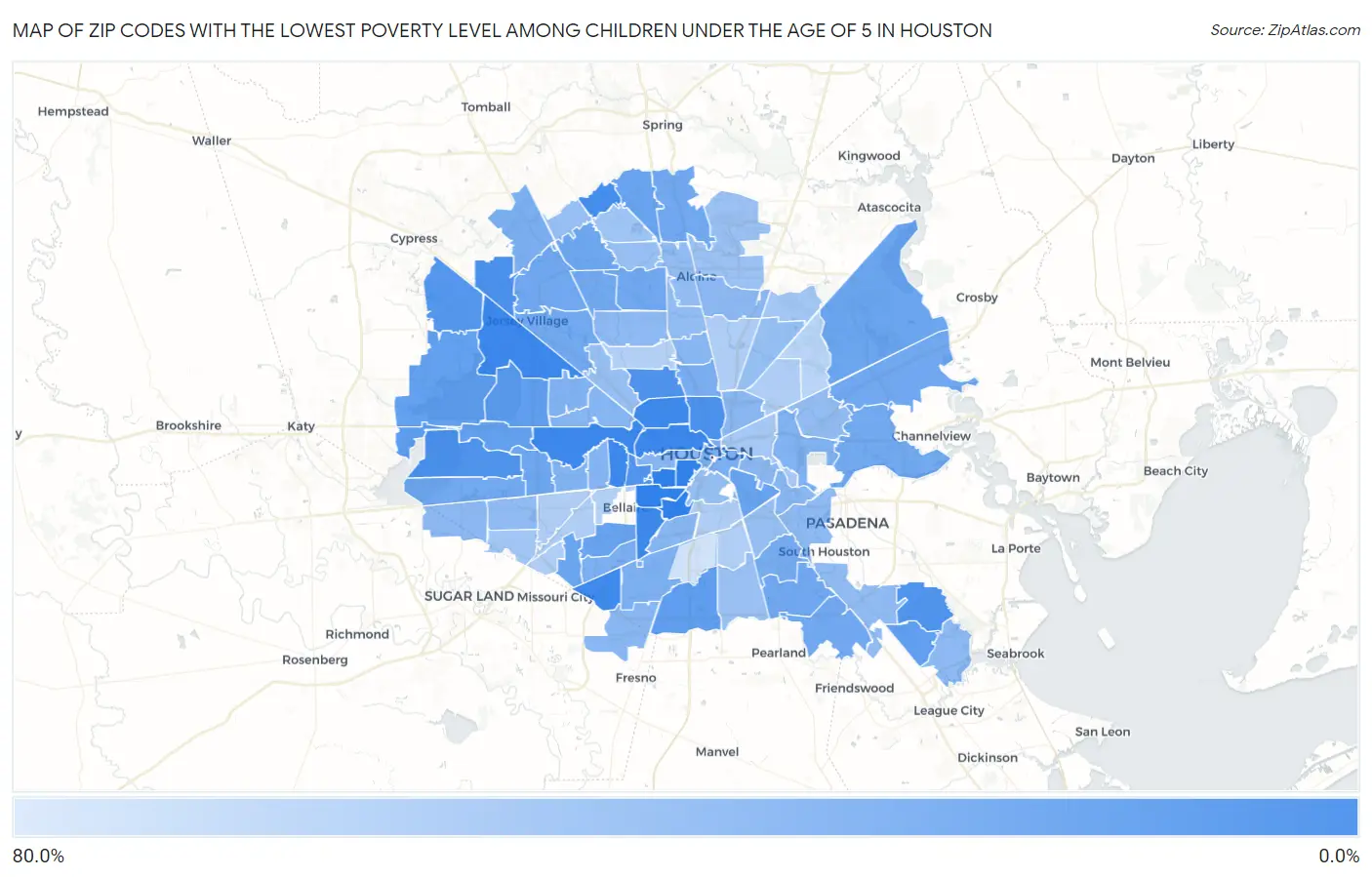 Zip Codes with the Lowest Poverty Level Among Children Under the Age of 5 in Houston Map