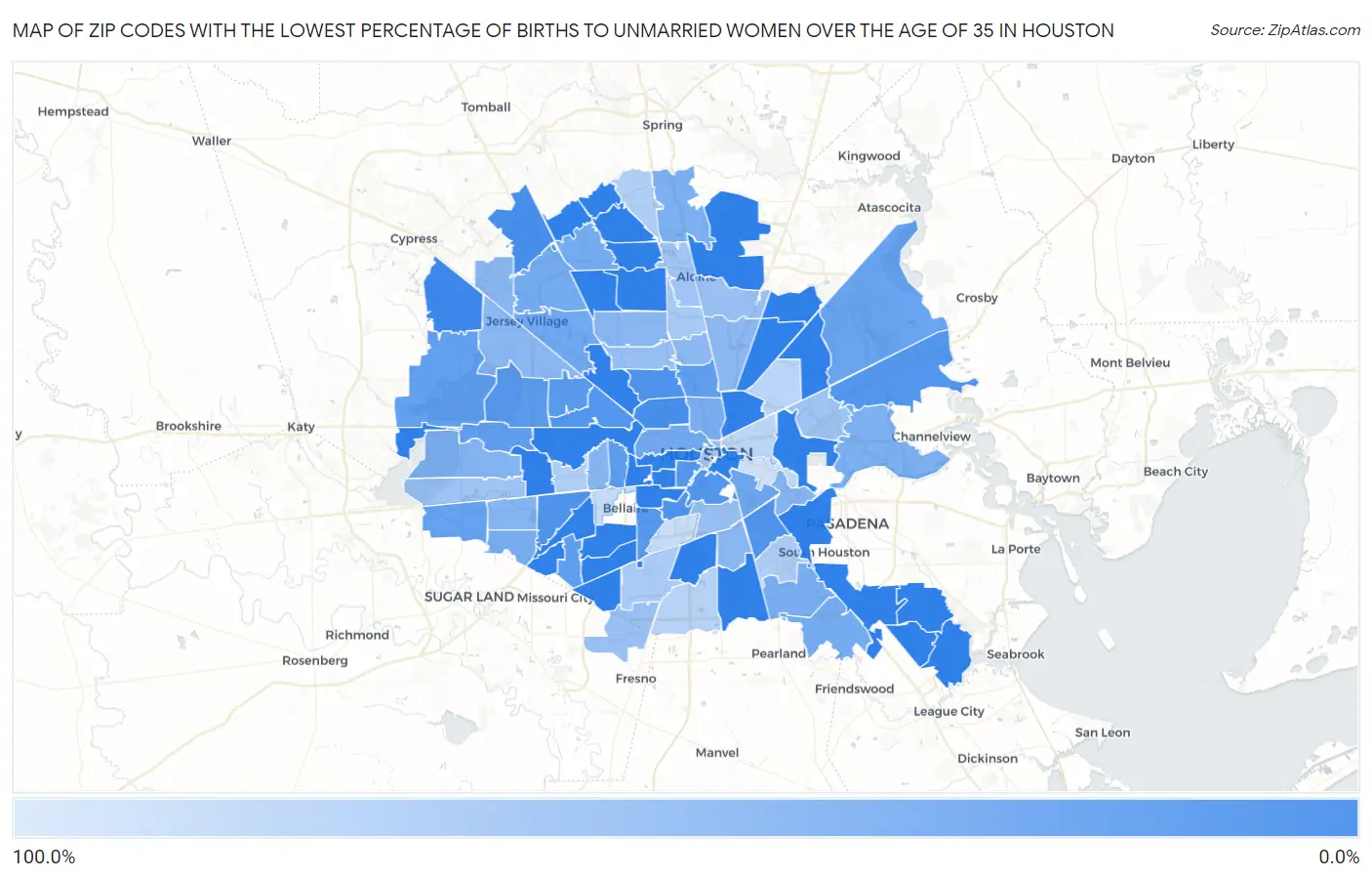 Zip Codes with the Lowest Percentage of Births to Unmarried Women over the Age of 35 in Houston Map