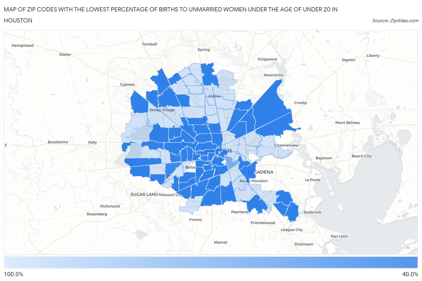Zip Codes with the Lowest Percentage of Births to Unmarried Women under the Age of under 20 in Houston Map