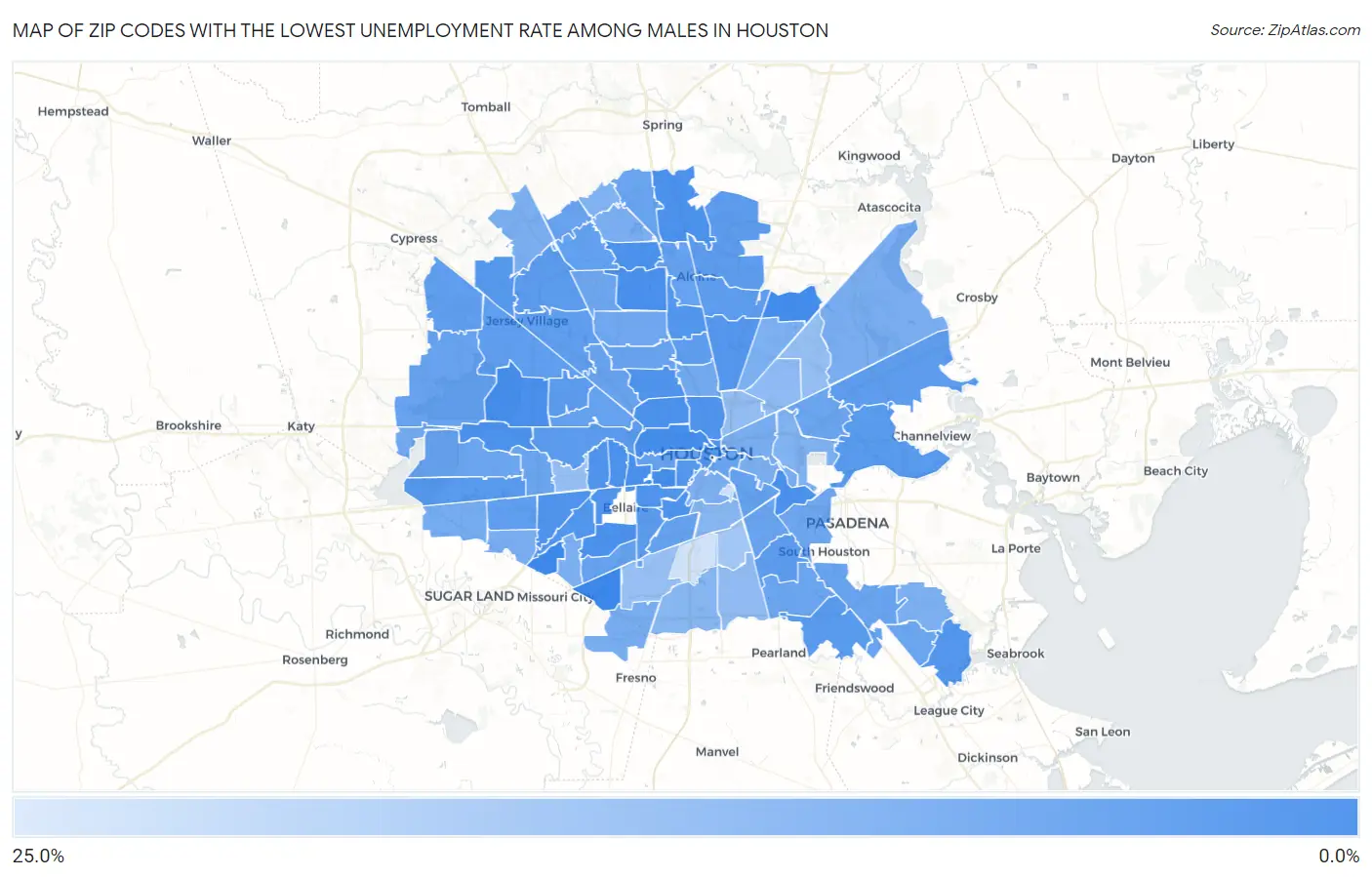 Zip Codes with the Lowest Unemployment Rate Among Males in Houston Map