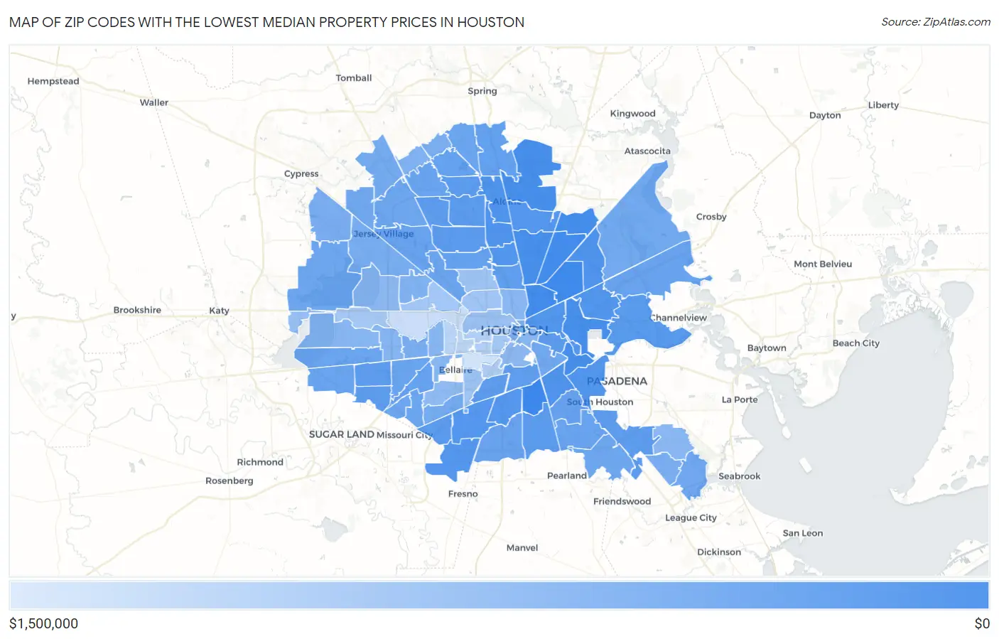 Zip Codes with the Lowest Median Property Prices in Houston Map