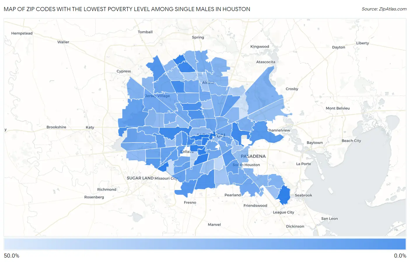 Zip Codes with the Lowest Poverty Level Among Single Males in Houston Map