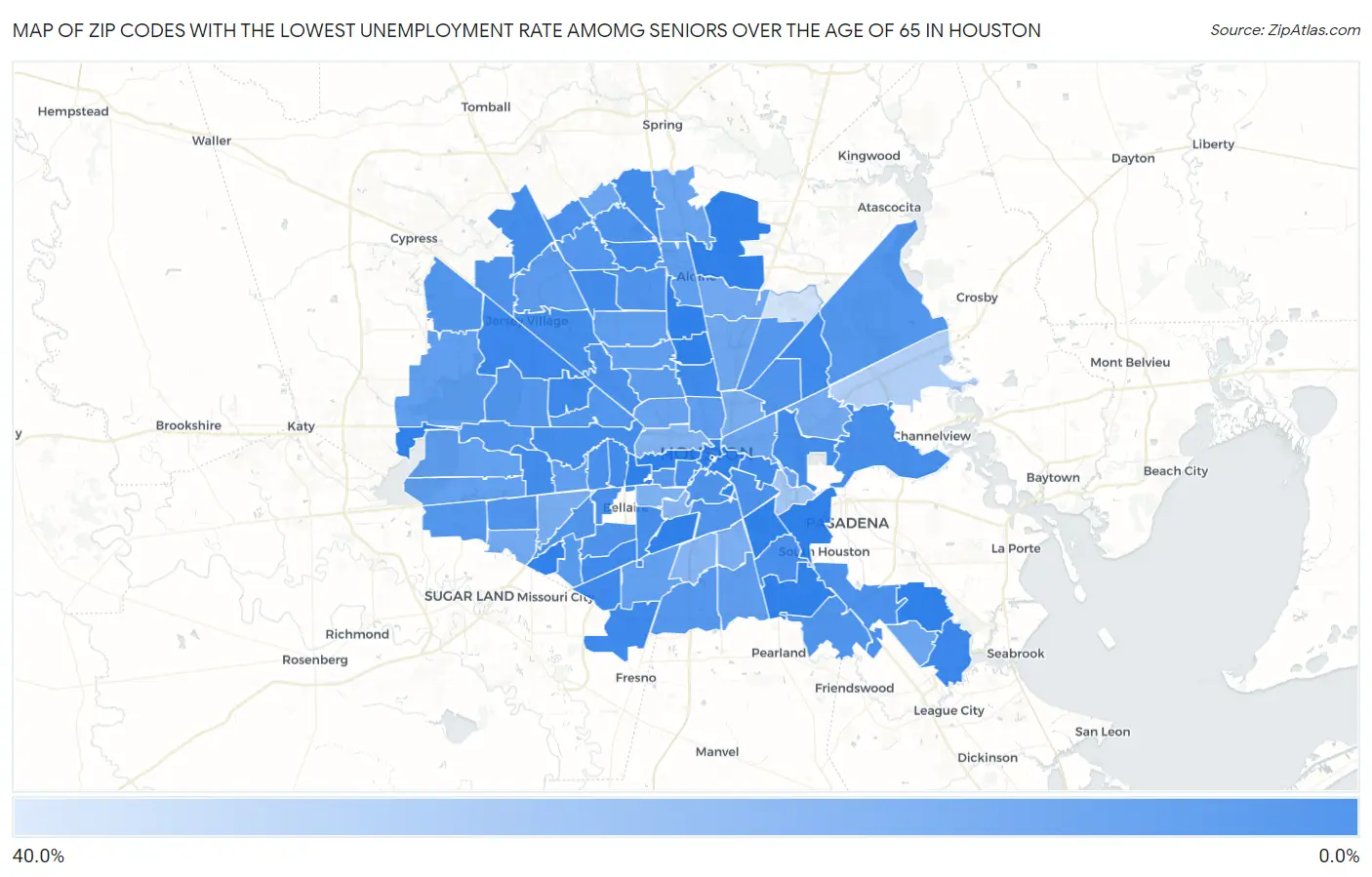 Zip Codes with the Lowest Unemployment Rate Amomg Seniors Over the Age of 65 in Houston Map