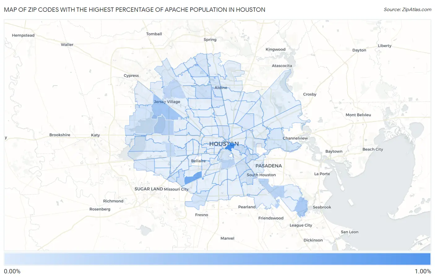 Zip Codes with the Highest Percentage of Apache Population in Houston Map