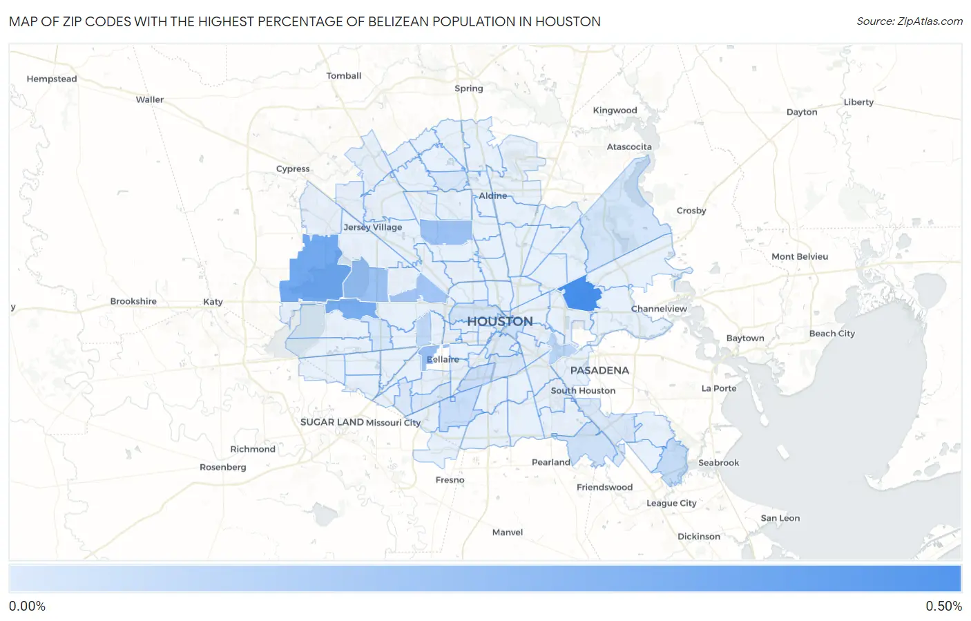 Zip Codes with the Highest Percentage of Belizean Population in Houston Map