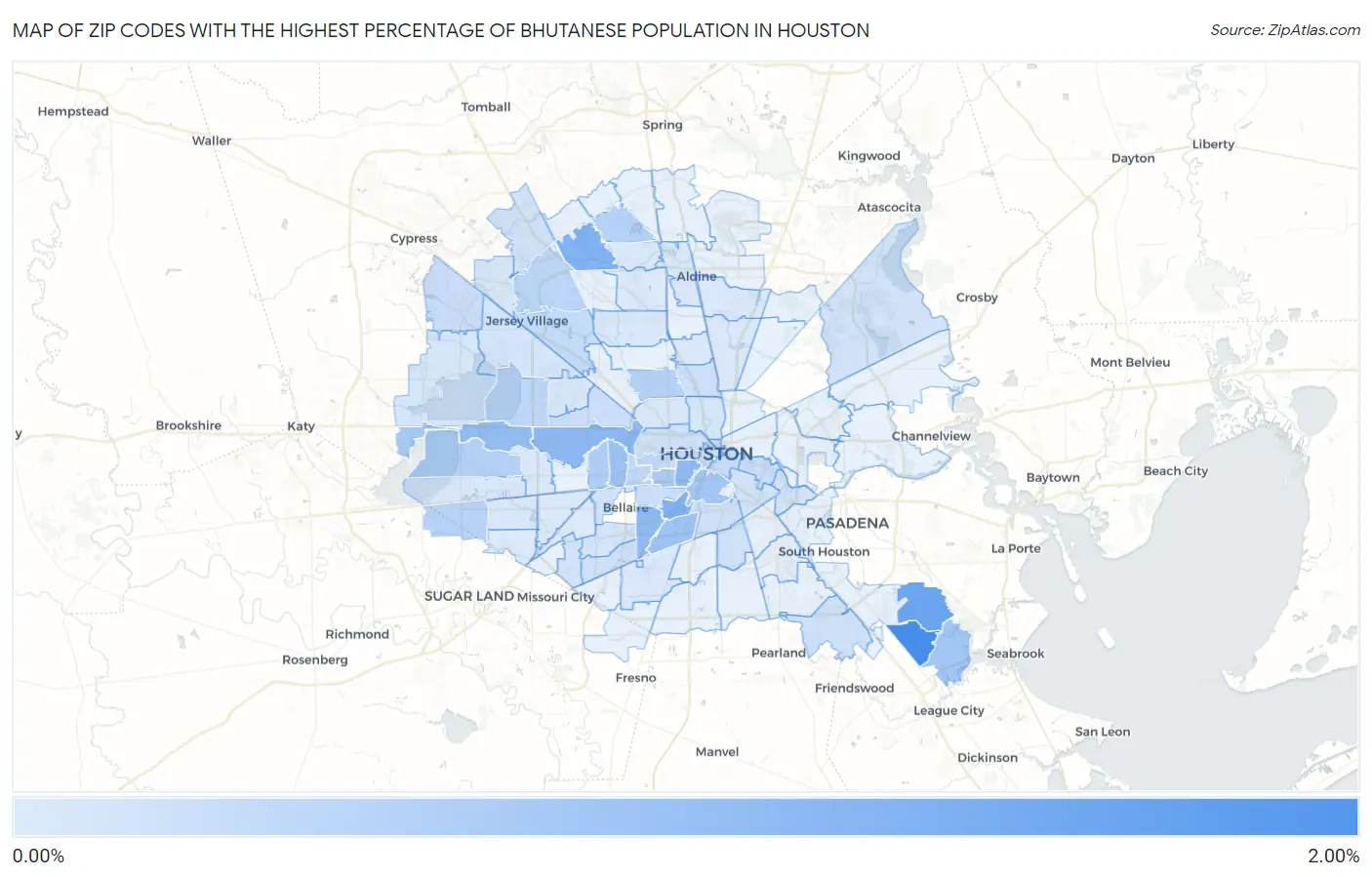 Zip Codes with the Highest Percentage of Bhutanese Population in Houston Map