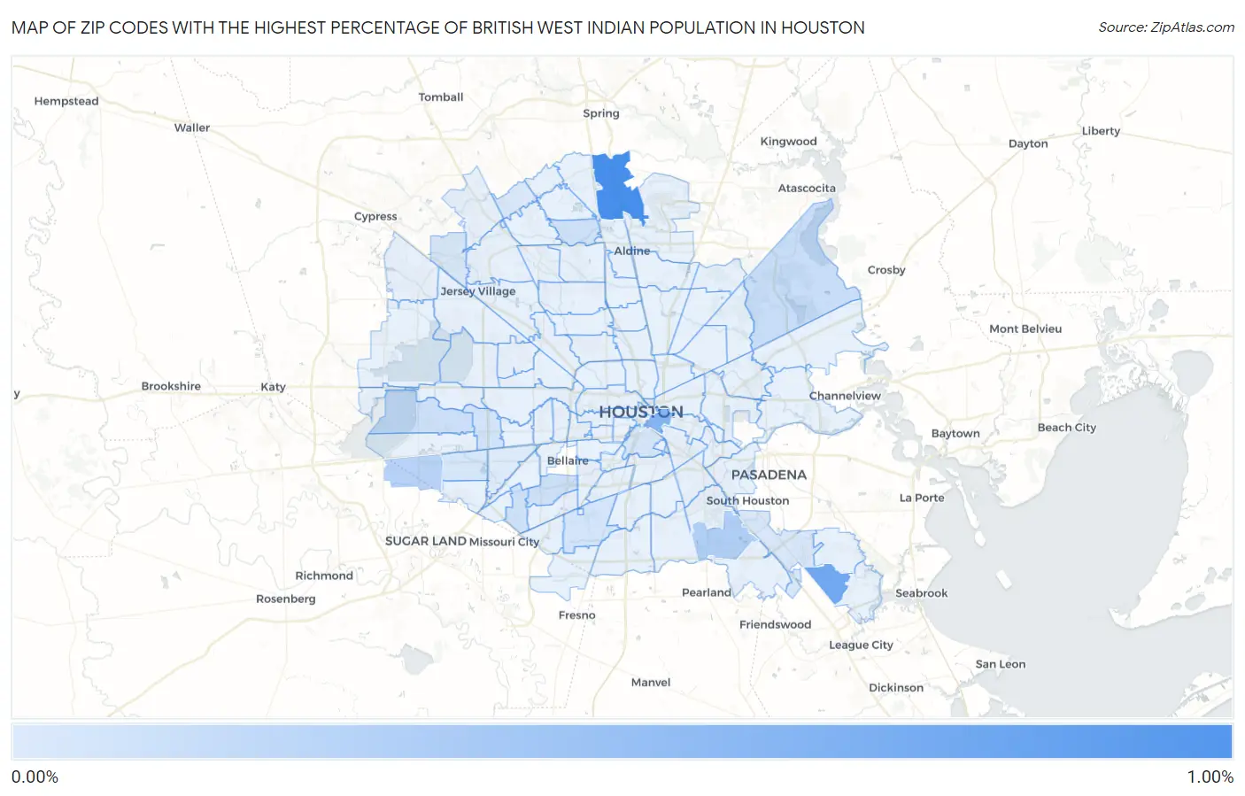 Zip Codes with the Highest Percentage of British West Indian Population in Houston Map