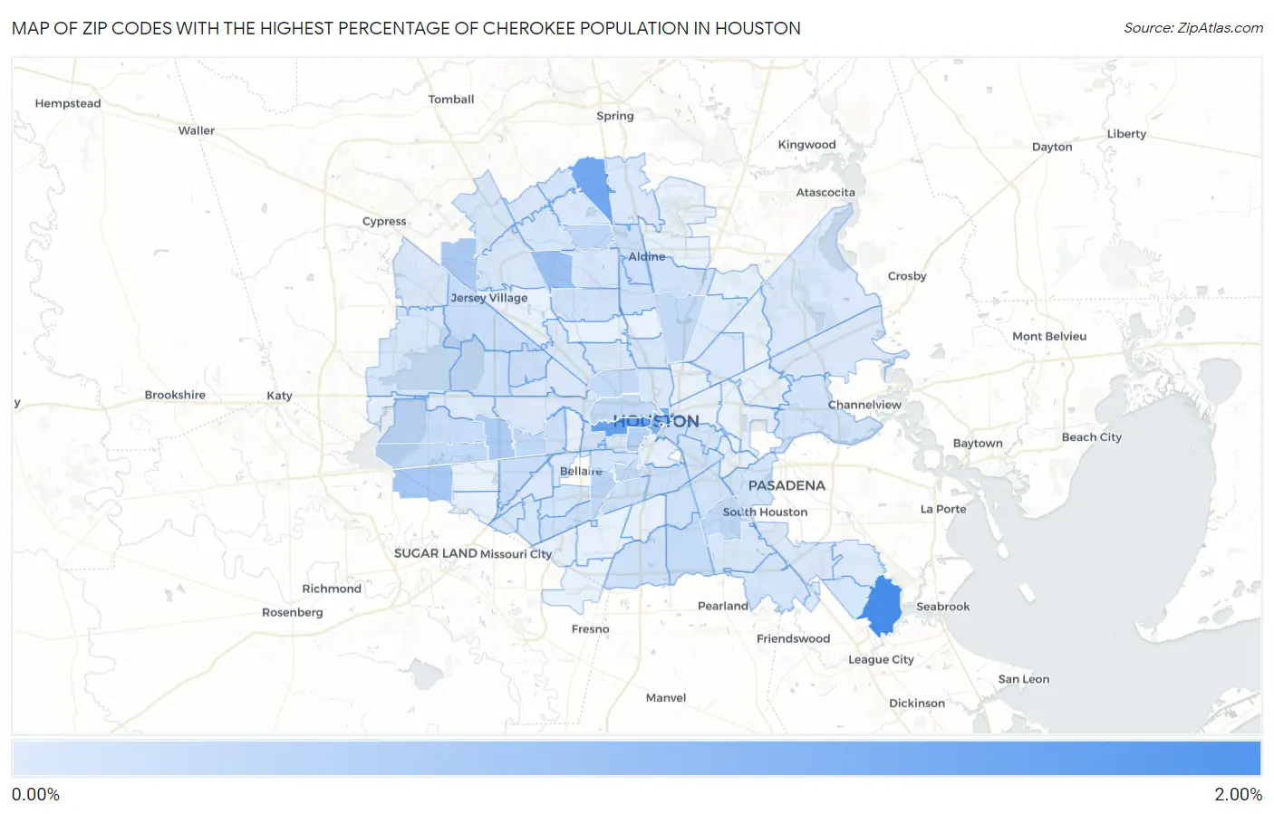 Zip Codes with the Highest Percentage of Cherokee Population in Houston Map