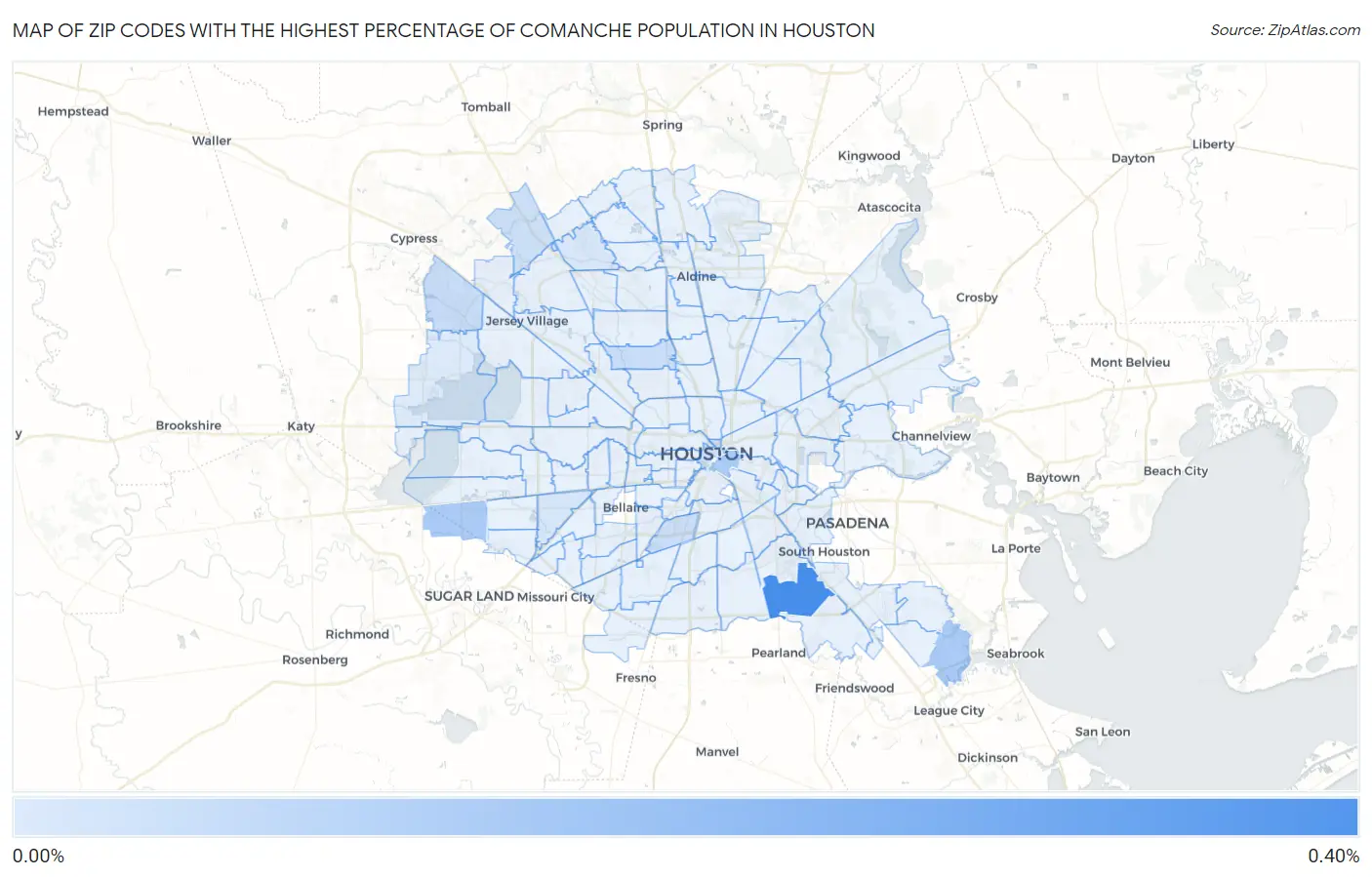 Zip Codes with the Highest Percentage of Comanche Population in Houston Map