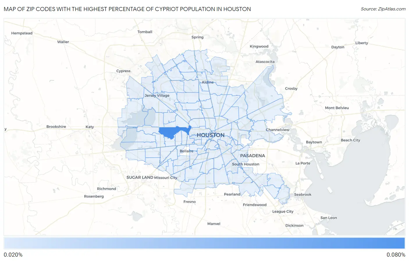 Zip Codes with the Highest Percentage of Cypriot Population in Houston Map