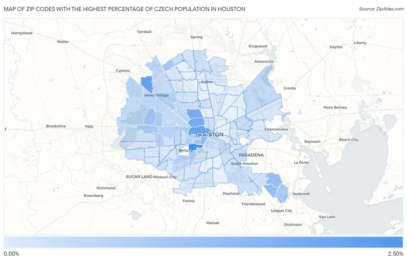 Zip Codes with the Highest Percentage of Czech Population in Houston Map