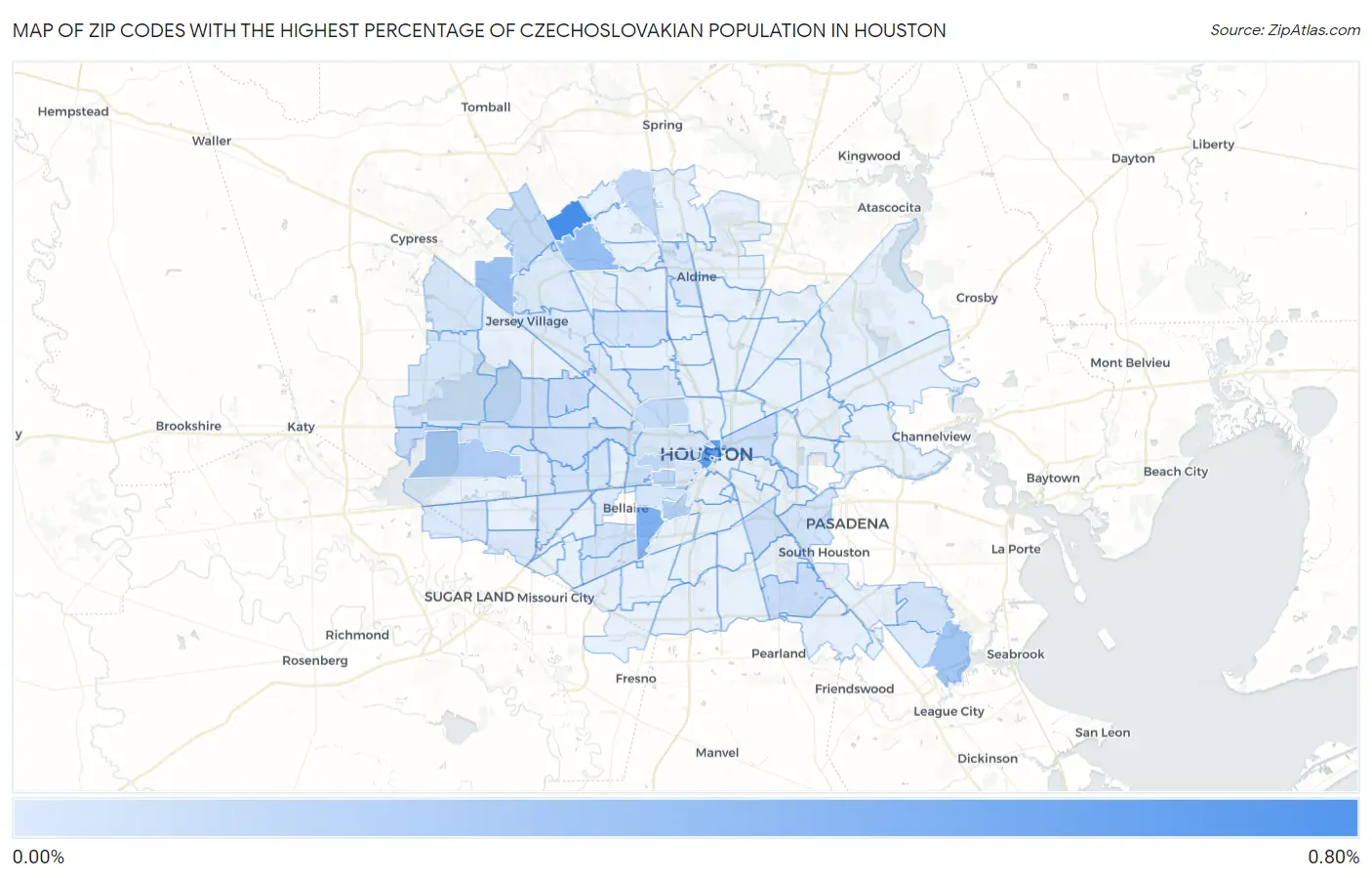 Zip Codes with the Highest Percentage of Czechoslovakian Population in Houston Map