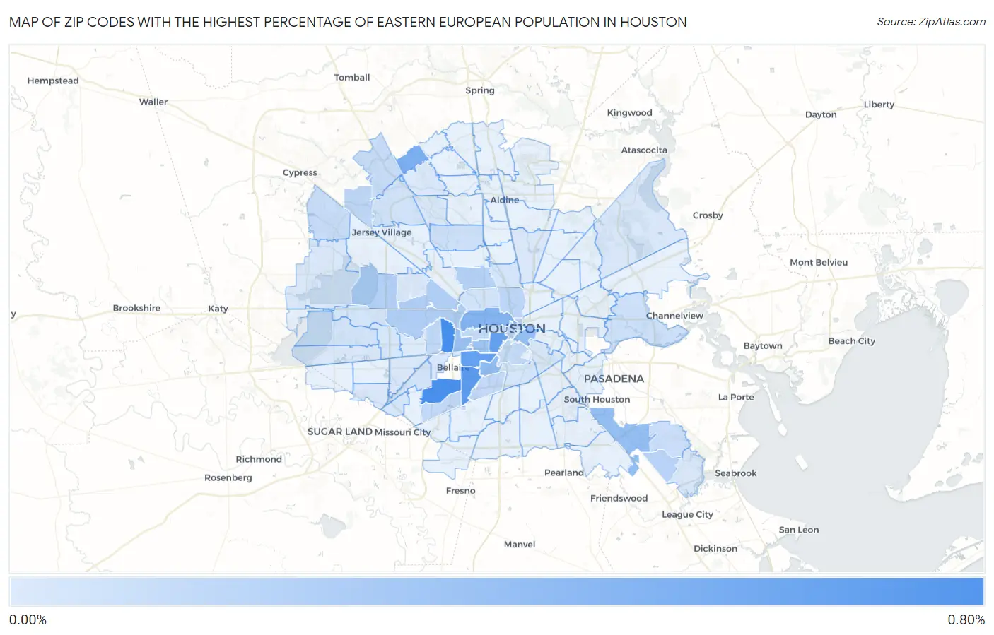 Zip Codes with the Highest Percentage of Eastern European Population in Houston Map