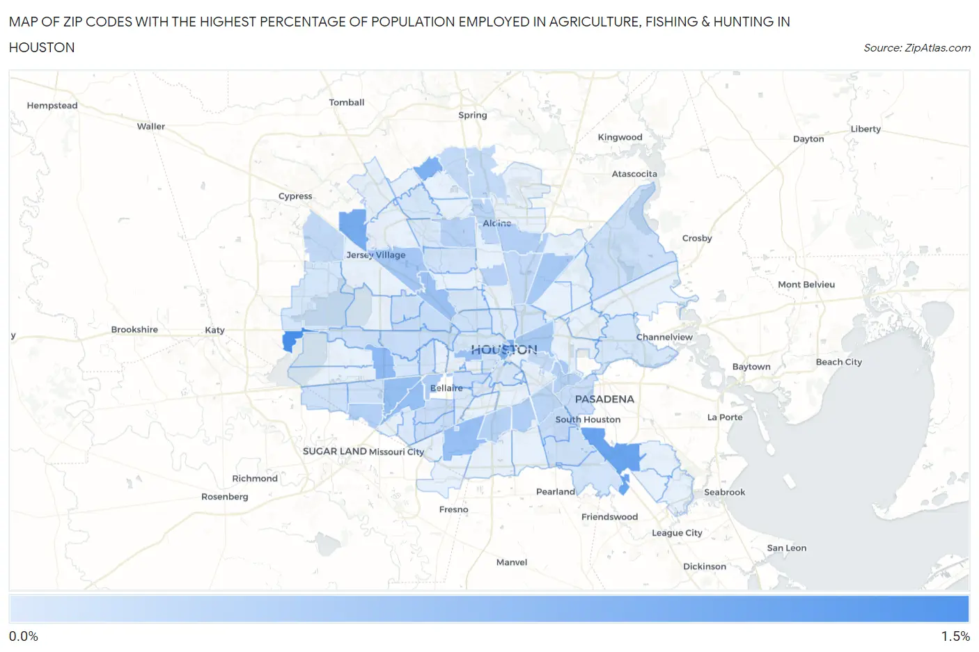 Zip Codes with the Highest Percentage of Population Employed in Agriculture, Fishing & Hunting in Houston Map