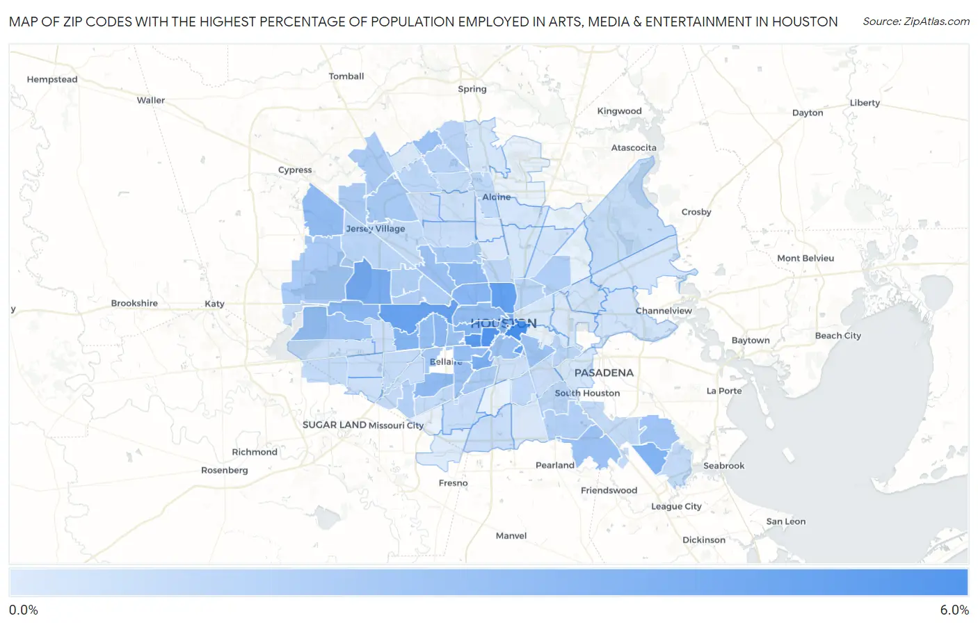 Zip Codes with the Highest Percentage of Population Employed in Arts, Media & Entertainment in Houston Map