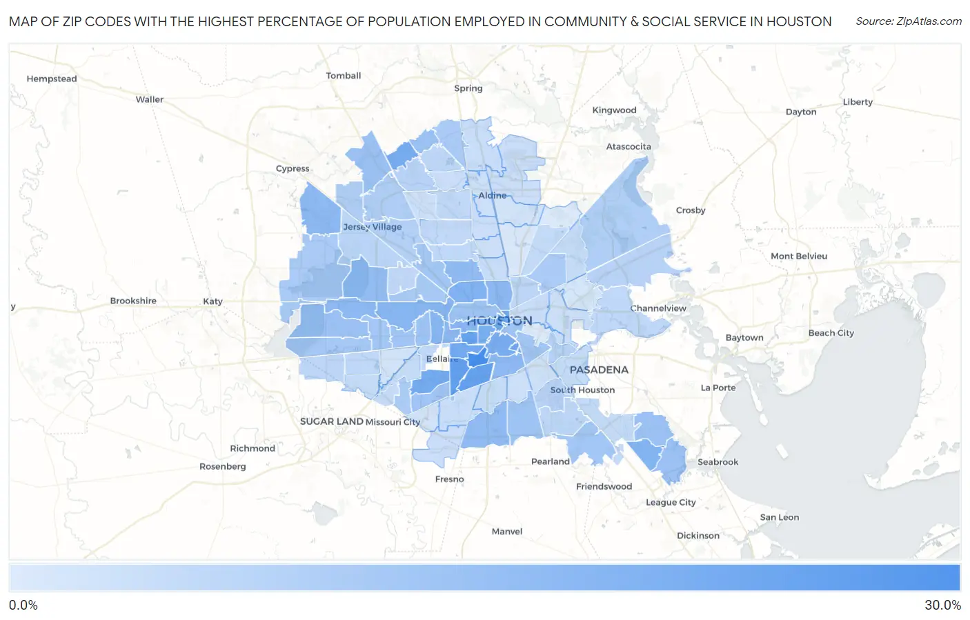 Zip Codes with the Highest Percentage of Population Employed in Community & Social Service  in Houston Map