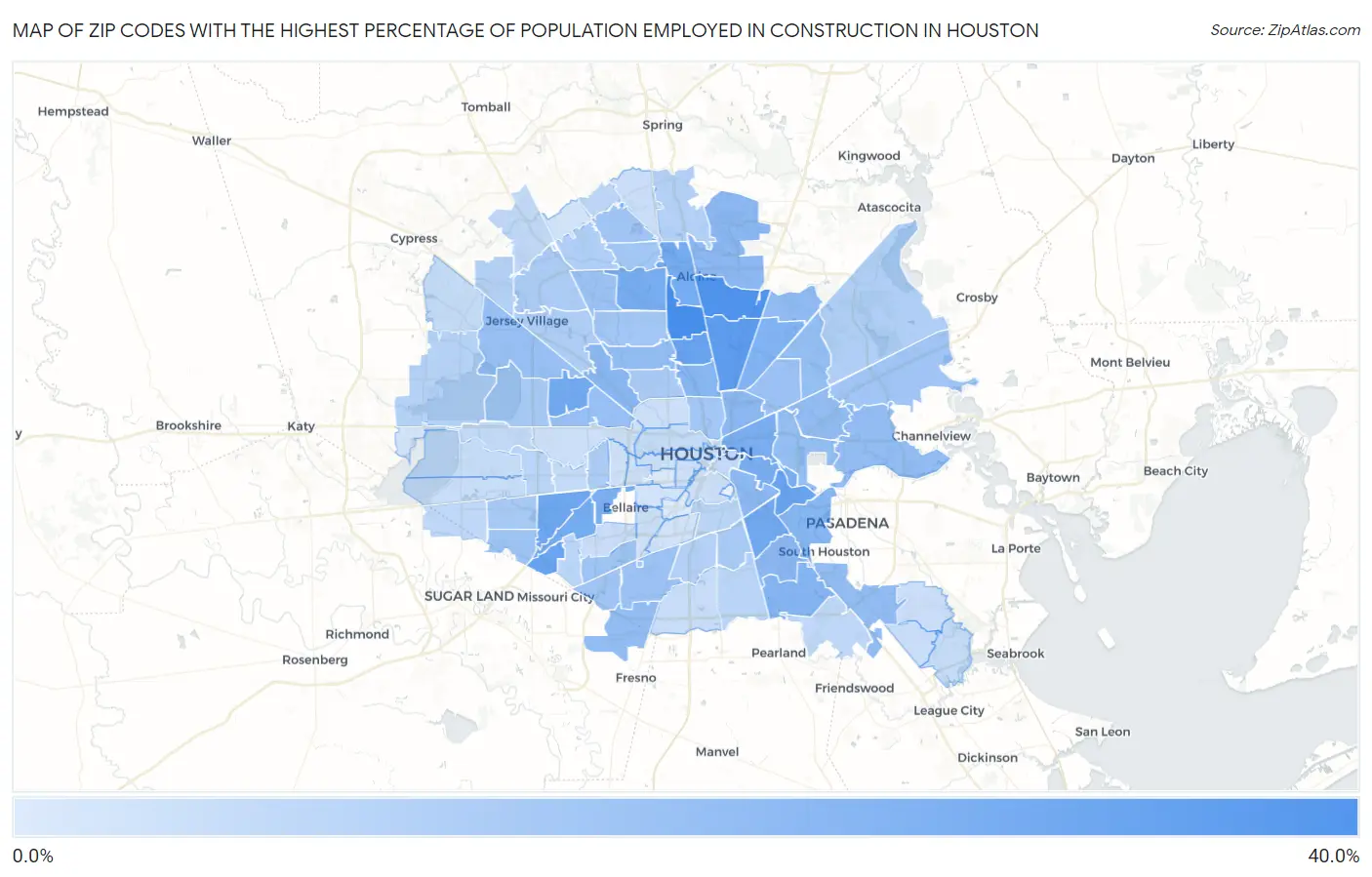 Zip Codes with the Highest Percentage of Population Employed in Construction in Houston Map