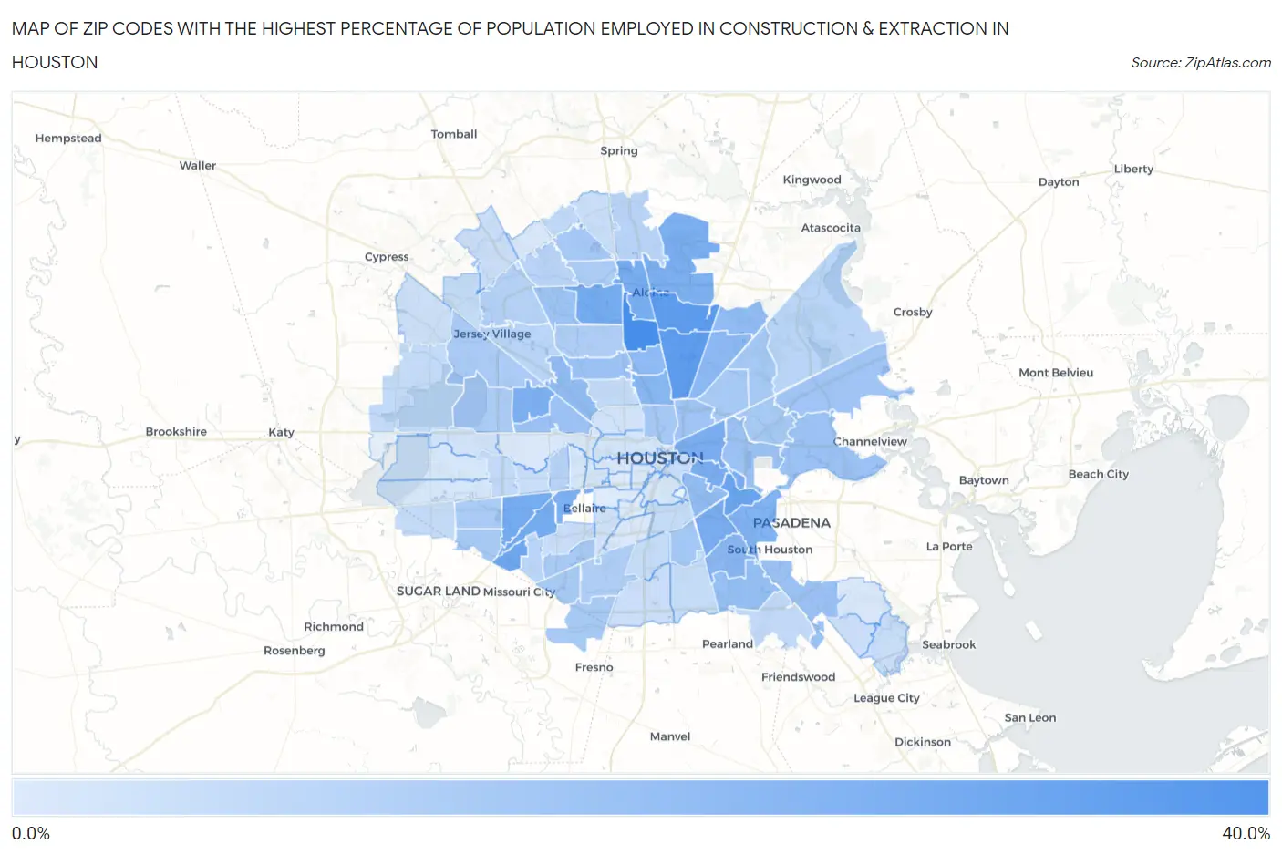Zip Codes with the Highest Percentage of Population Employed in Construction & Extraction in Houston Map