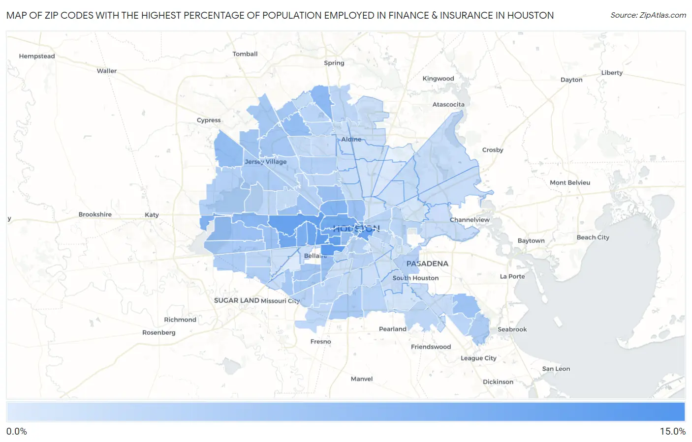 Zip Codes with the Highest Percentage of Population Employed in Finance & Insurance in Houston Map