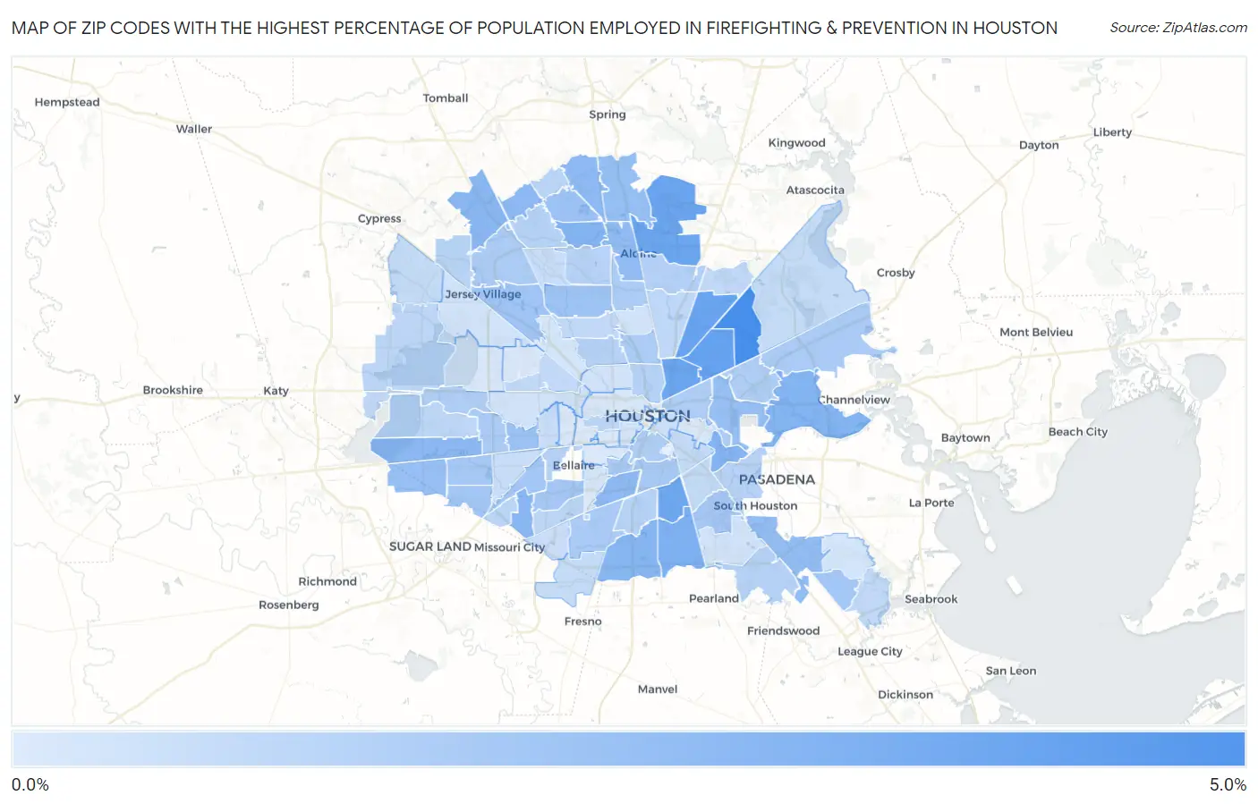 Zip Codes with the Highest Percentage of Population Employed in Firefighting & Prevention in Houston Map