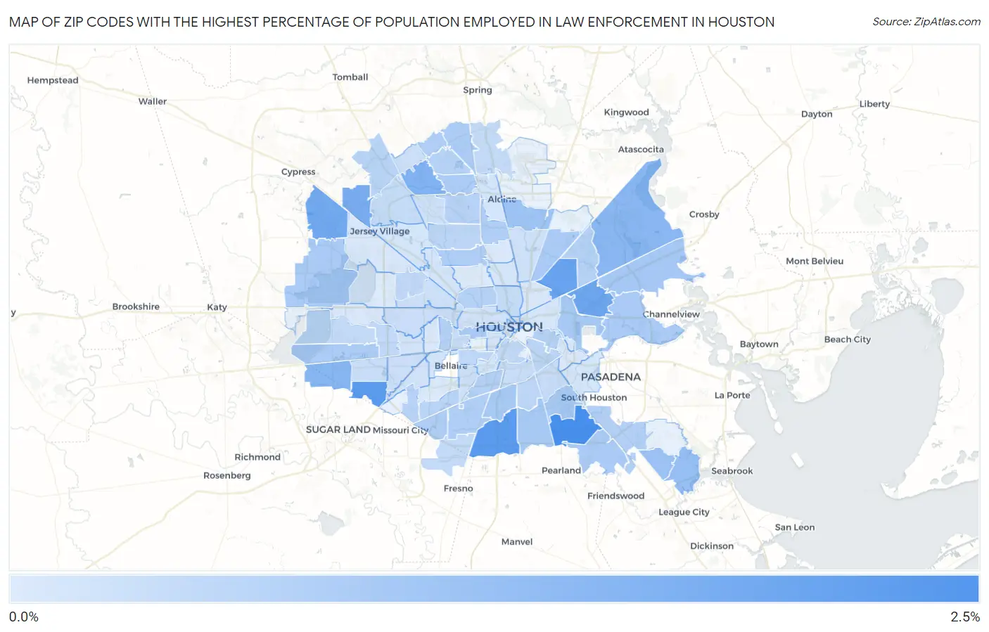Zip Codes with the Highest Percentage of Population Employed in Law Enforcement in Houston Map
