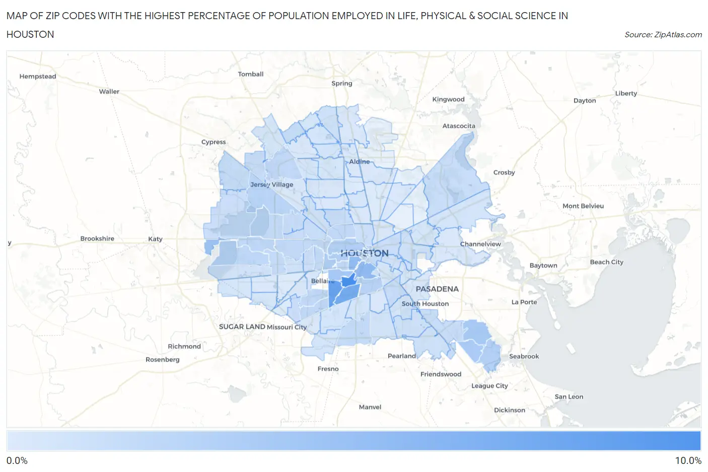 Zip Codes with the Highest Percentage of Population Employed in Life, Physical & Social Science in Houston Map
