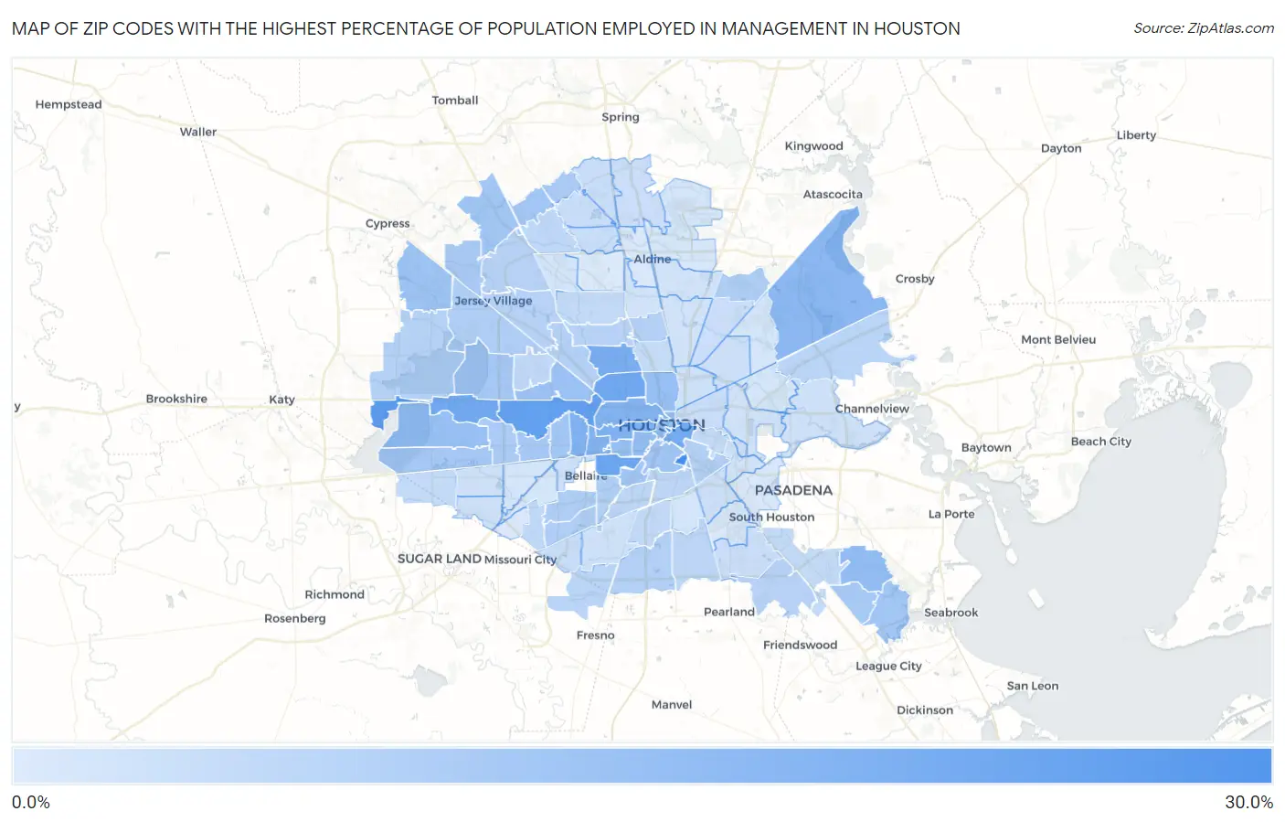 Zip Codes with the Highest Percentage of Population Employed in Management in Houston Map
