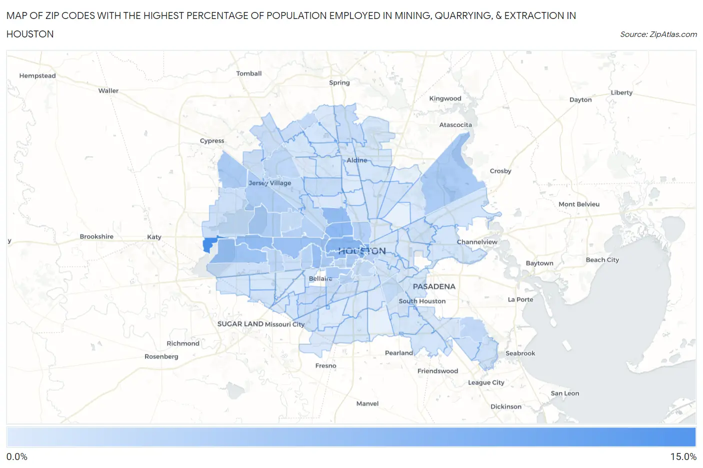 Zip Codes with the Highest Percentage of Population Employed in Mining, Quarrying, & Extraction in Houston Map