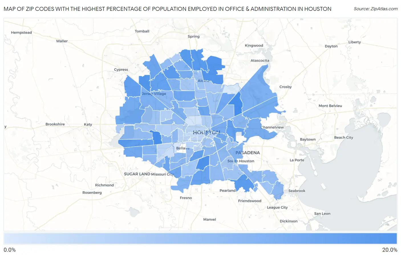Zip Codes with the Highest Percentage of Population Employed in Office & Administration in Houston Map