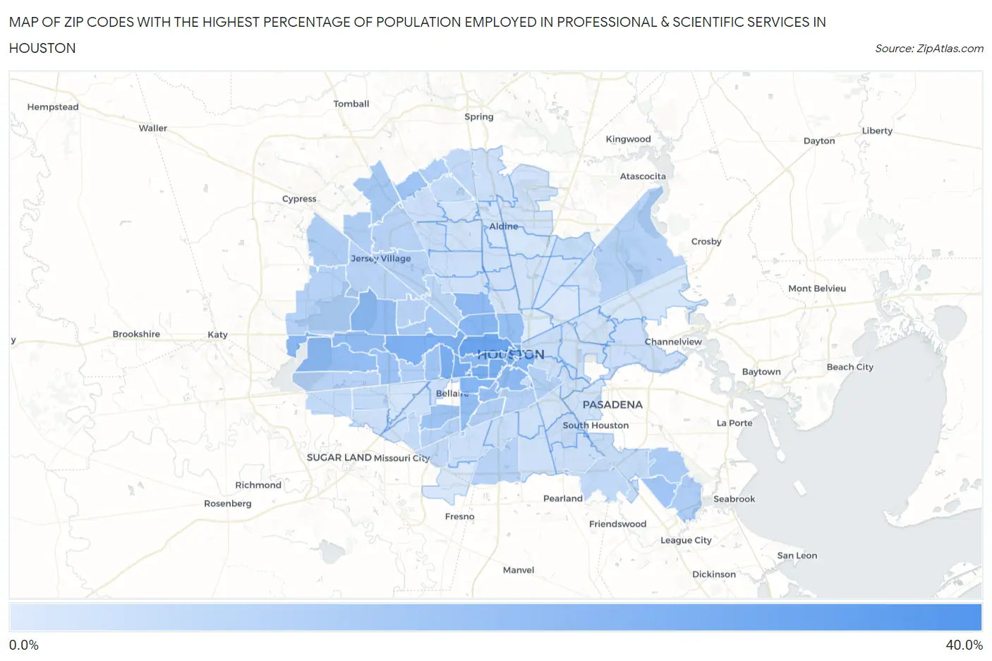 Zip Codes with the Highest Percentage of Population Employed in Professional & Scientific Services in Houston Map