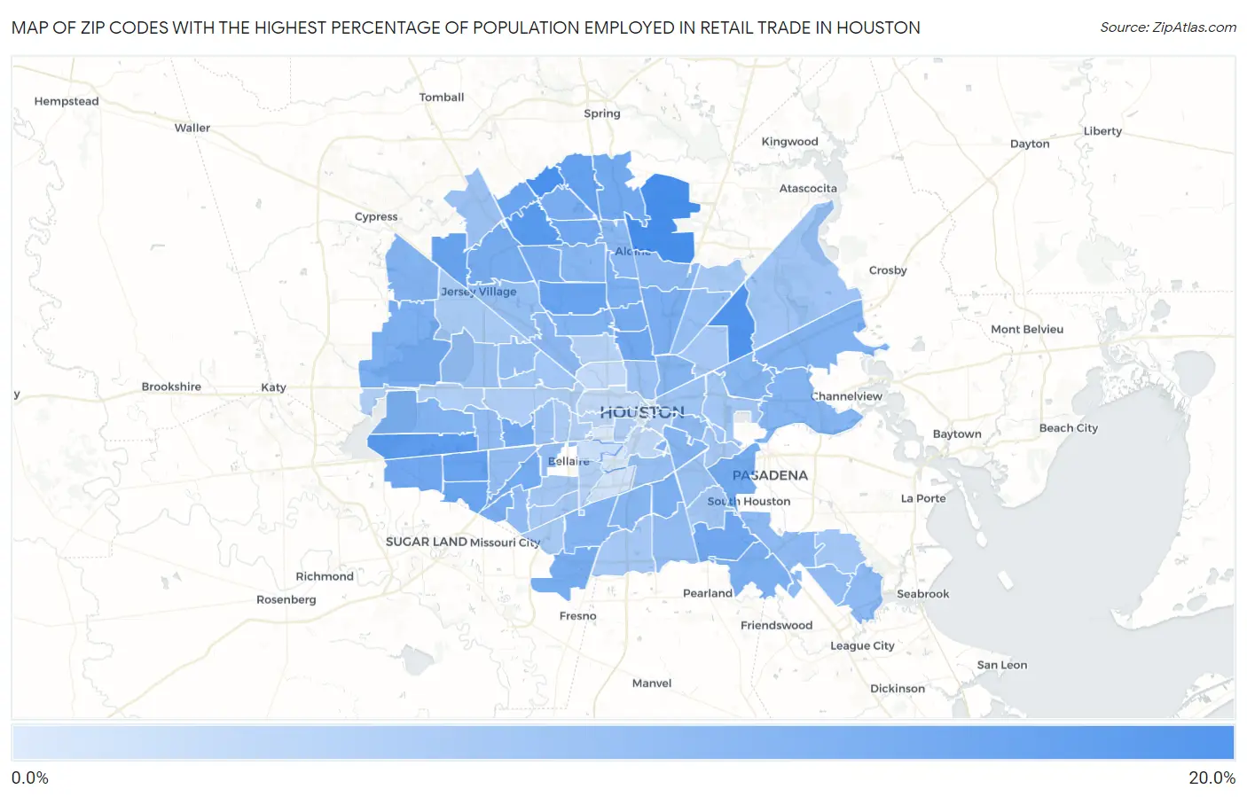Zip Codes with the Highest Percentage of Population Employed in Retail Trade in Houston Map