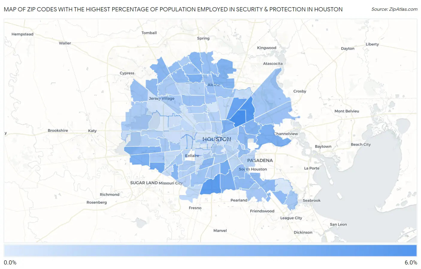 Zip Codes with the Highest Percentage of Population Employed in Security & Protection in Houston Map