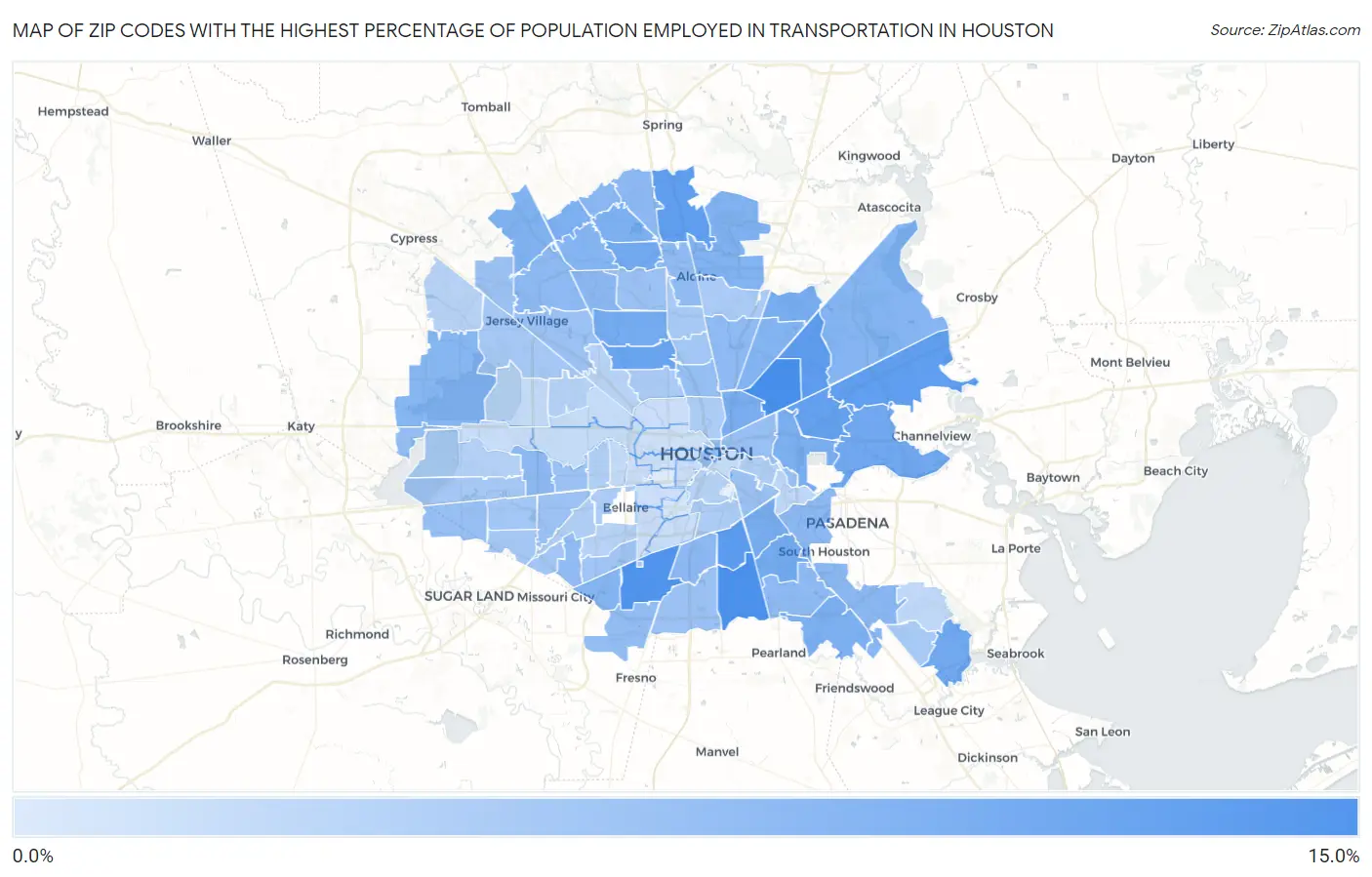 Zip Codes with the Highest Percentage of Population Employed in Transportation in Houston Map
