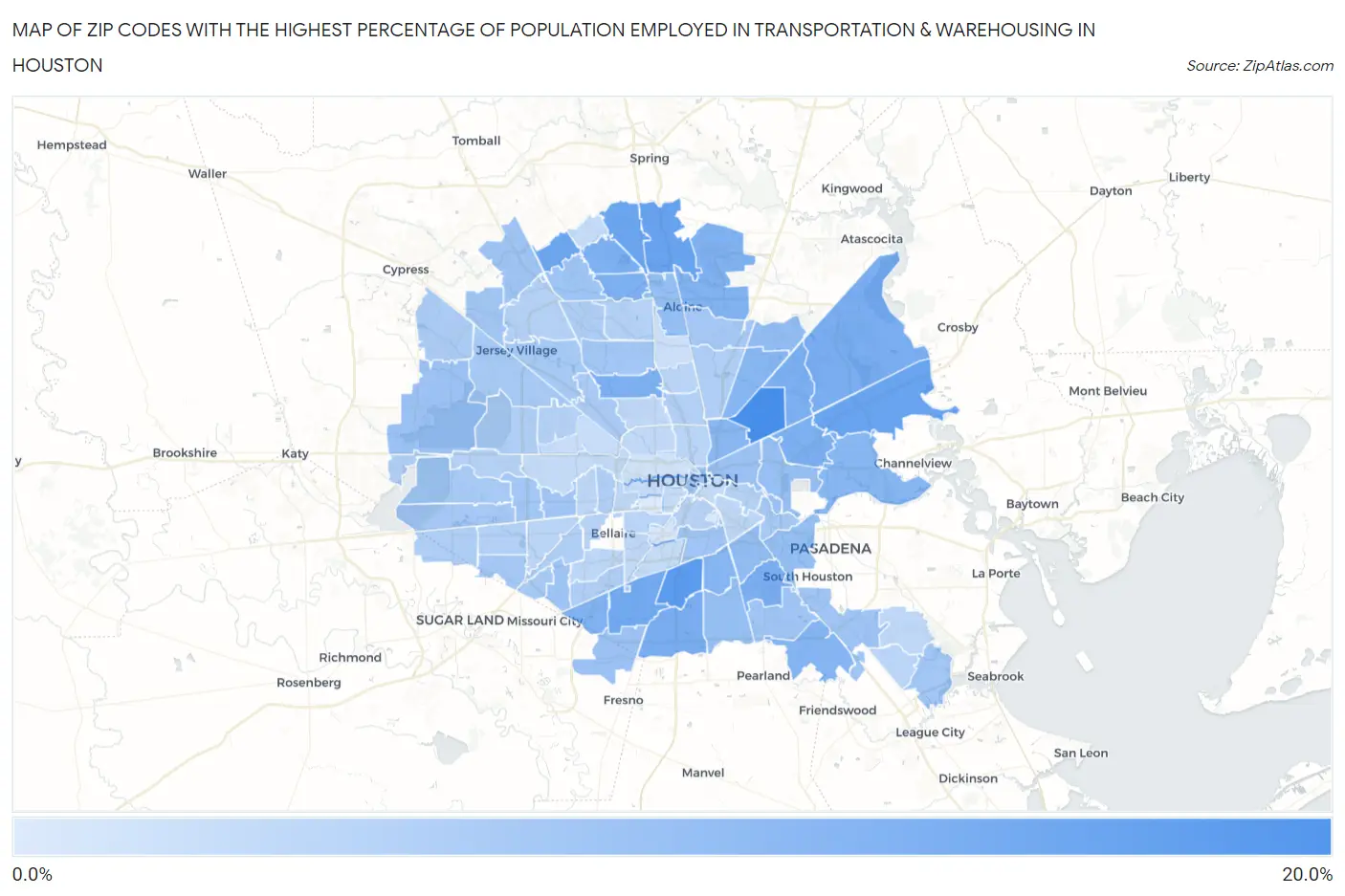 Zip Codes with the Highest Percentage of Population Employed in Transportation & Warehousing in Houston Map
